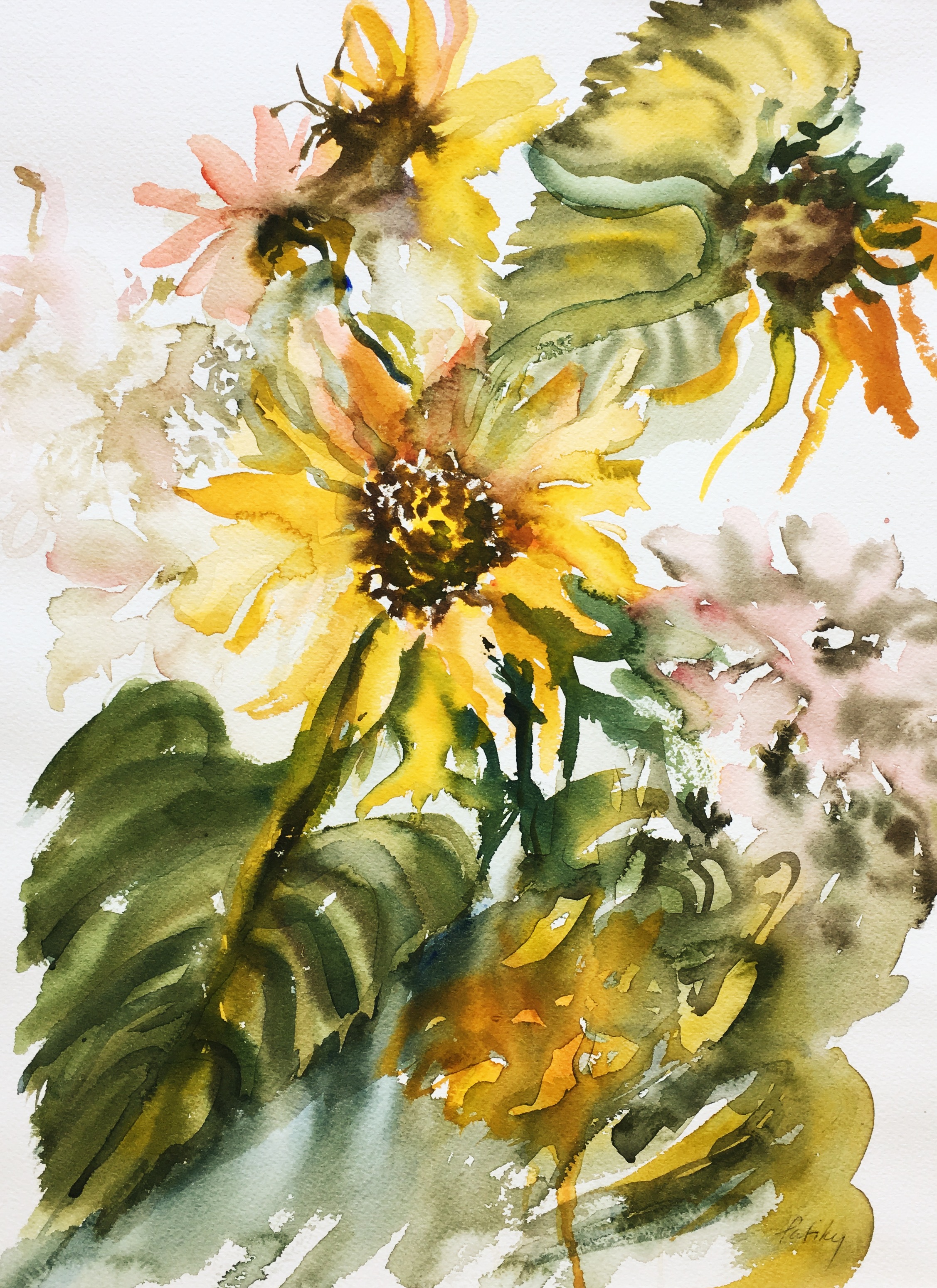 SUNFLOWERS WITH PINK BLOSSOMS