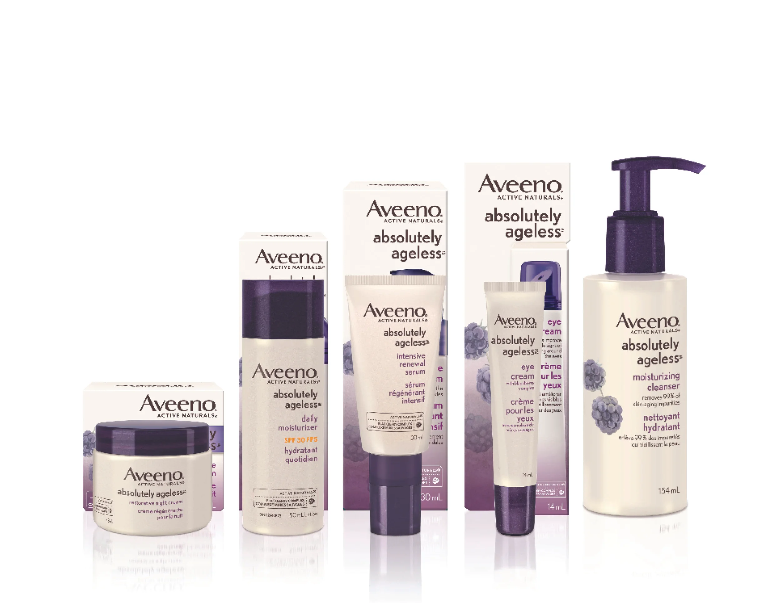 Aveeno Active Naturals Absolutely Ageless Restorative Night Cream, $30; Aveeno Absolutely Ageless Daily Moisturizer SPF 30, $30; Aveeno Absolutely Ageless Intensive Renewal Serum, $30; Aveeno Absolutely Ageless Nourishing Cleanser, $30; Aveeno Absolutely Ageless Eye Cream, $30. Available at drugstores and mass-market retailers across Canada.