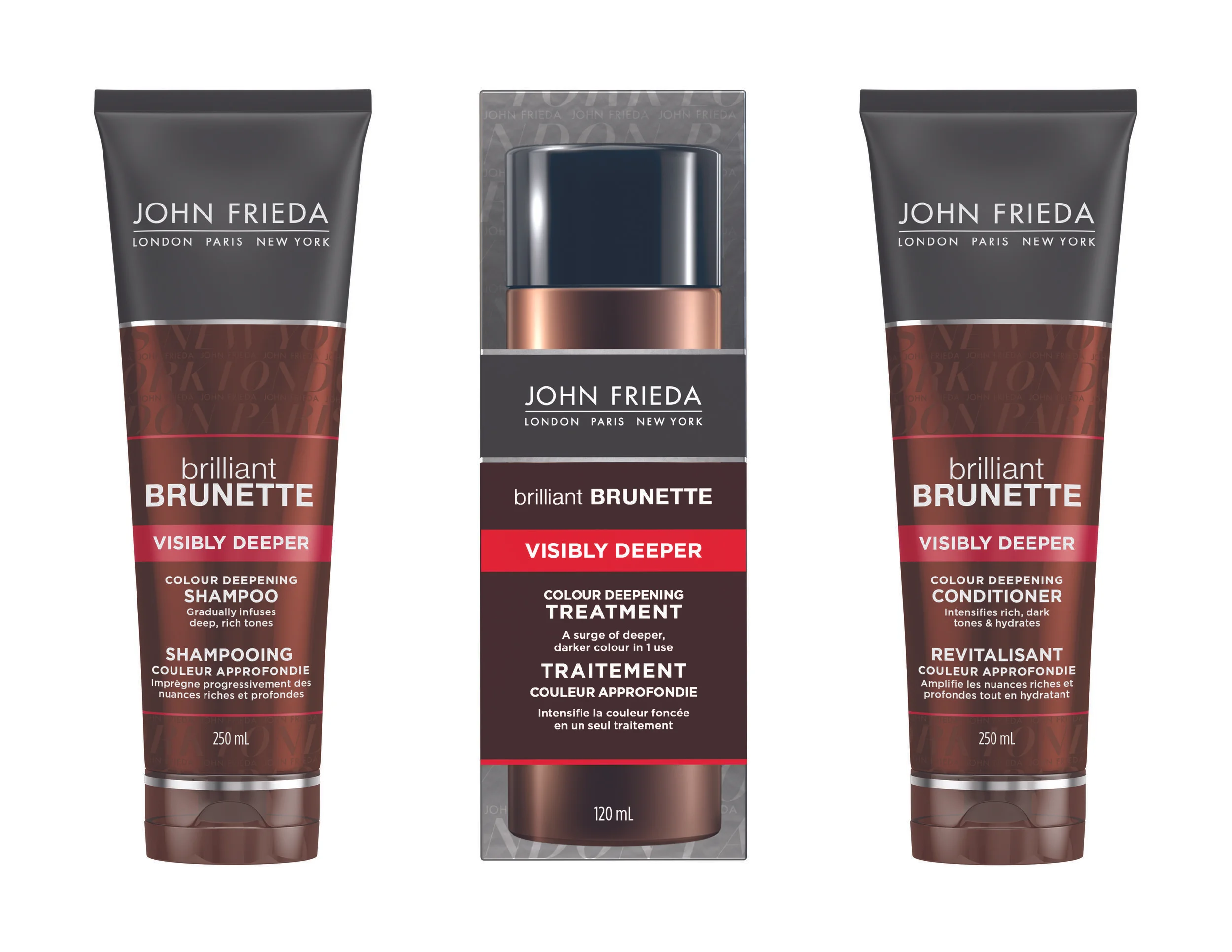 JOHN FRIEDA Brilliant Brunette Visibly Deeper Colour Deepening Treatment and Brilliant Brunette Visibly Deeper Colour Deepening Shampoo and Conditioner, $12.99 each. Available at drugstores & mass market retailers across Canada.