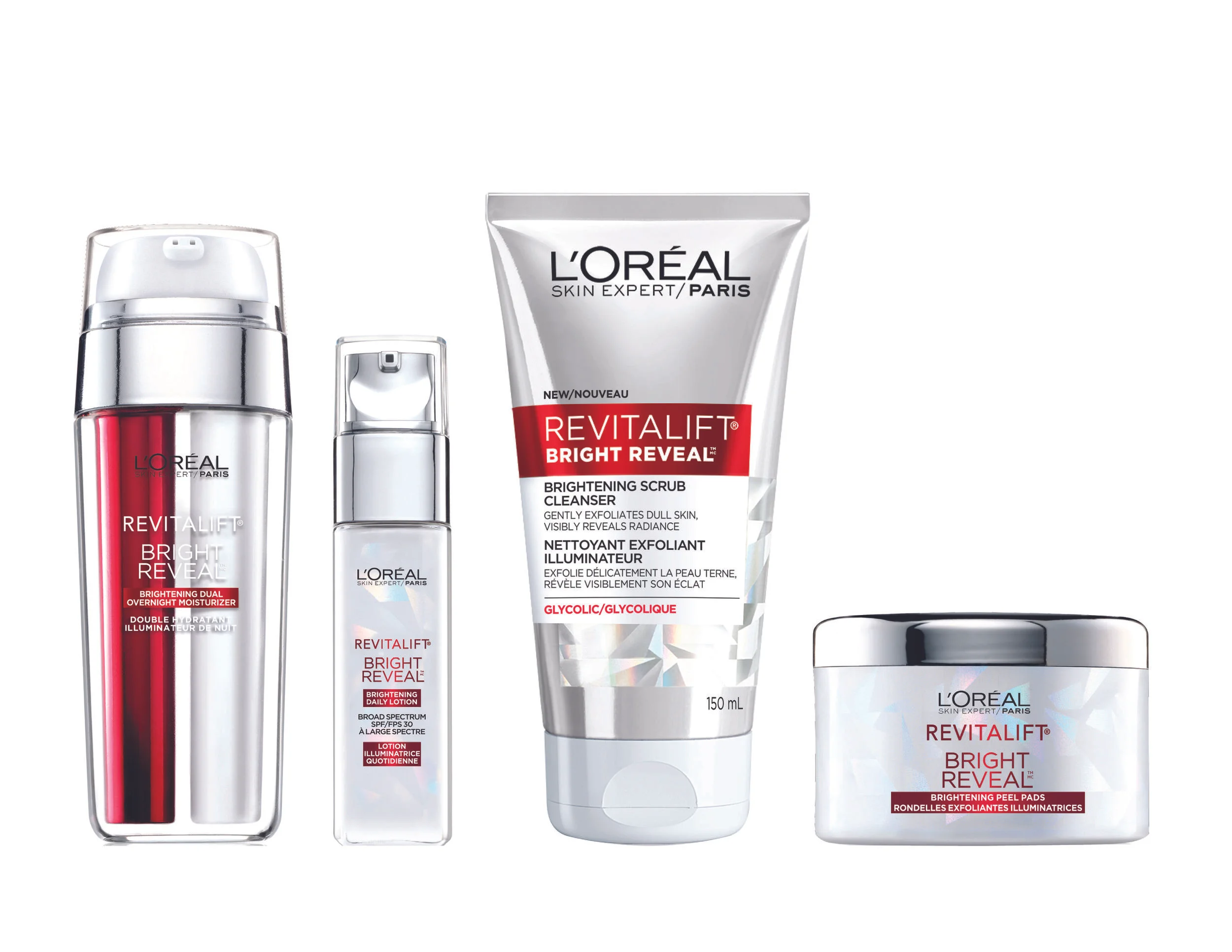 L'Oréal Paris Revitalift Bright Reveal Brightening Peel Pads, $18.99; L'Oréal Paris Revitalift Bright Reveal Brightening Daily Lotion SPF 30, $31; L'Oréal Paris Revitalift Bright Reveal Brightening Dual Overnight Moisturizer, $31; L'Oréal Paris Revitalift Bright Reveal Brightening Scrub Cleanser, $12.99. Available at drugstores & mass market retailers across Canada.