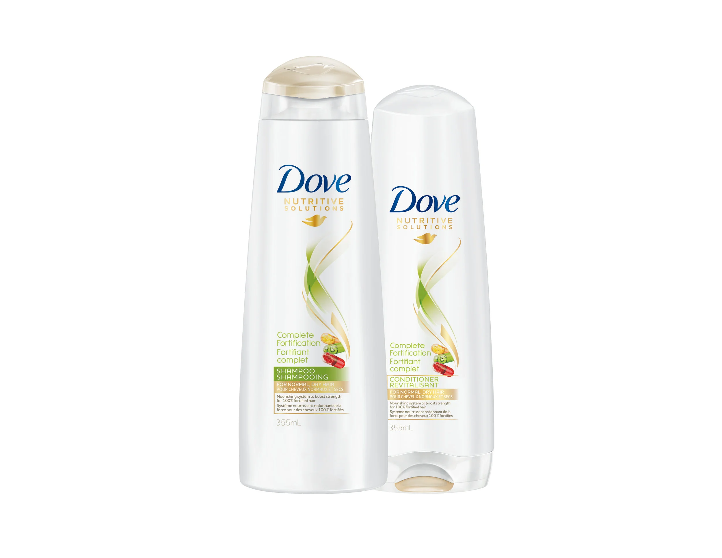 Dove Nutritive Solutions Complete Fortification Shampoo and Conditioner, $6.99 each. Available at drugstores and mass-market retailers. 