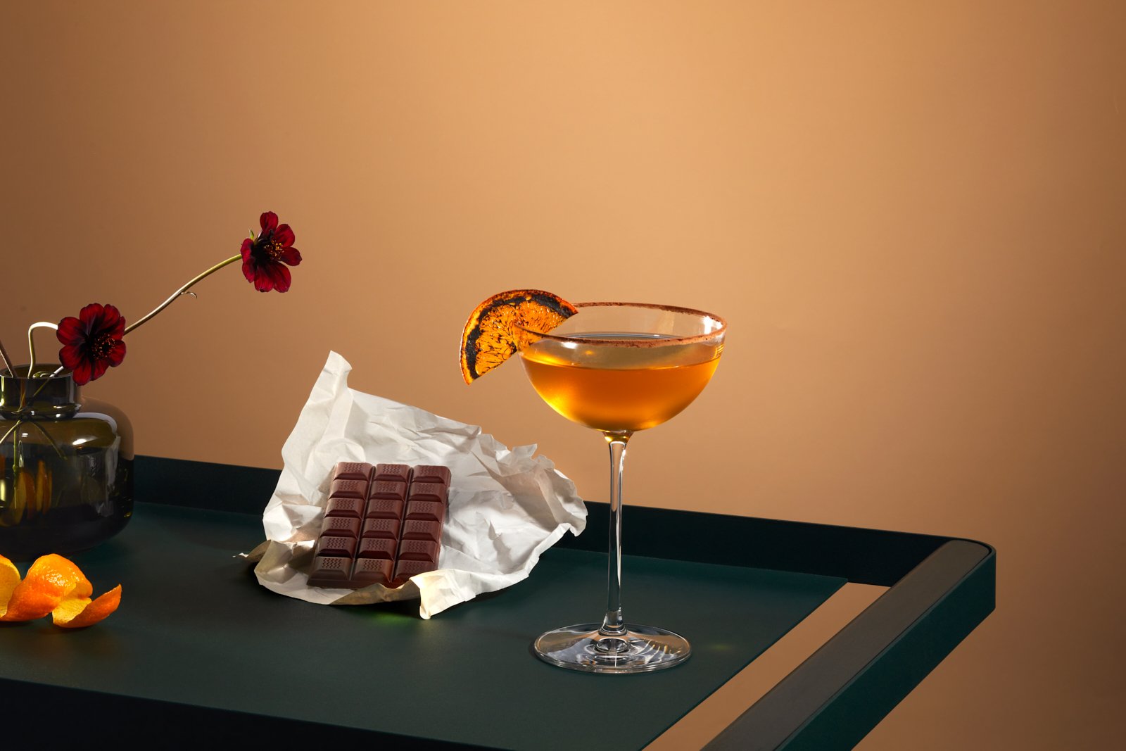 chocolate cocktail, chocolate cosmos and chocolate bar styled on a modern bar cart.jpg