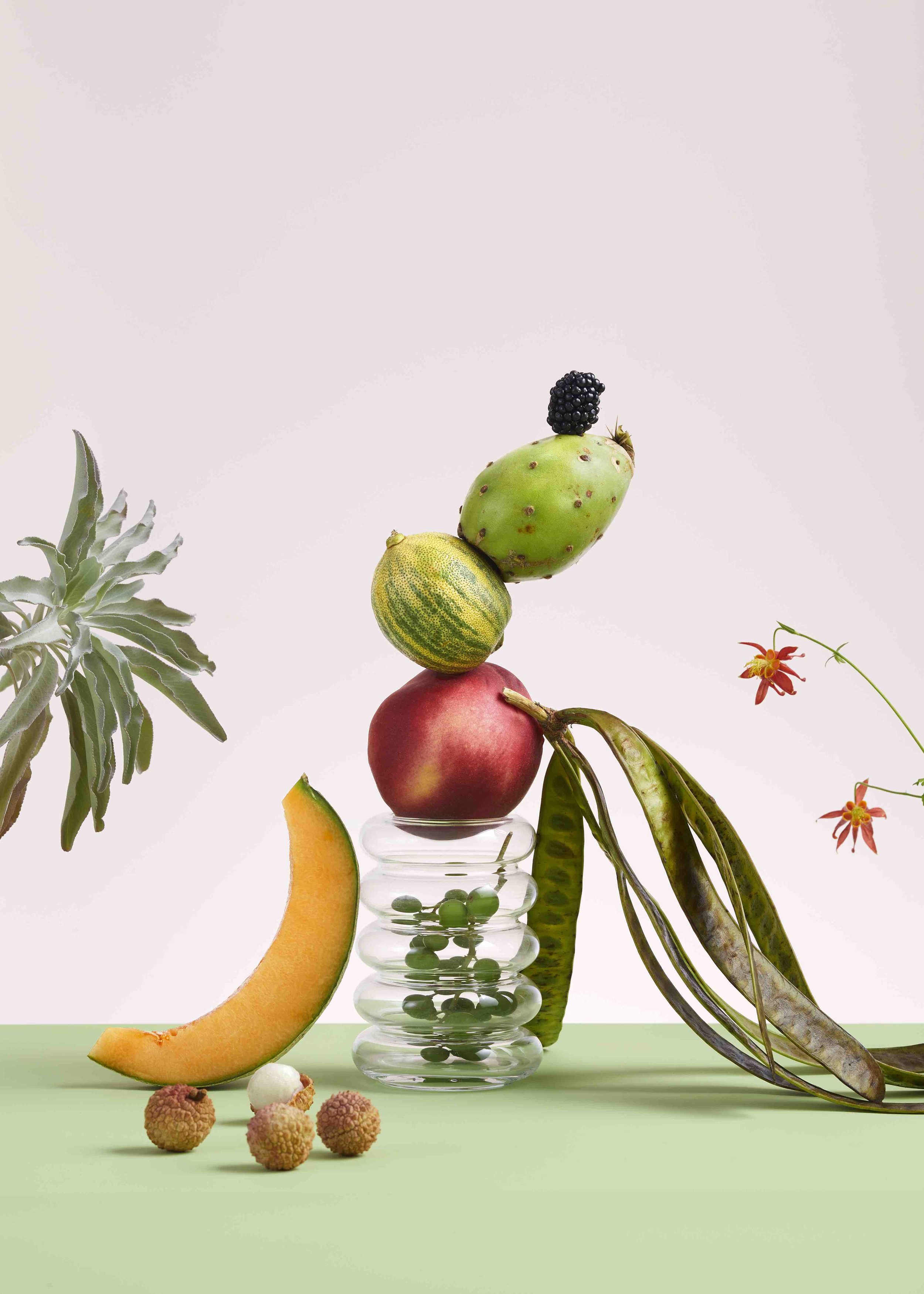 balanced fruit with canteloupe slice, sage plant, nectarine, lychee, mint surface.jpg