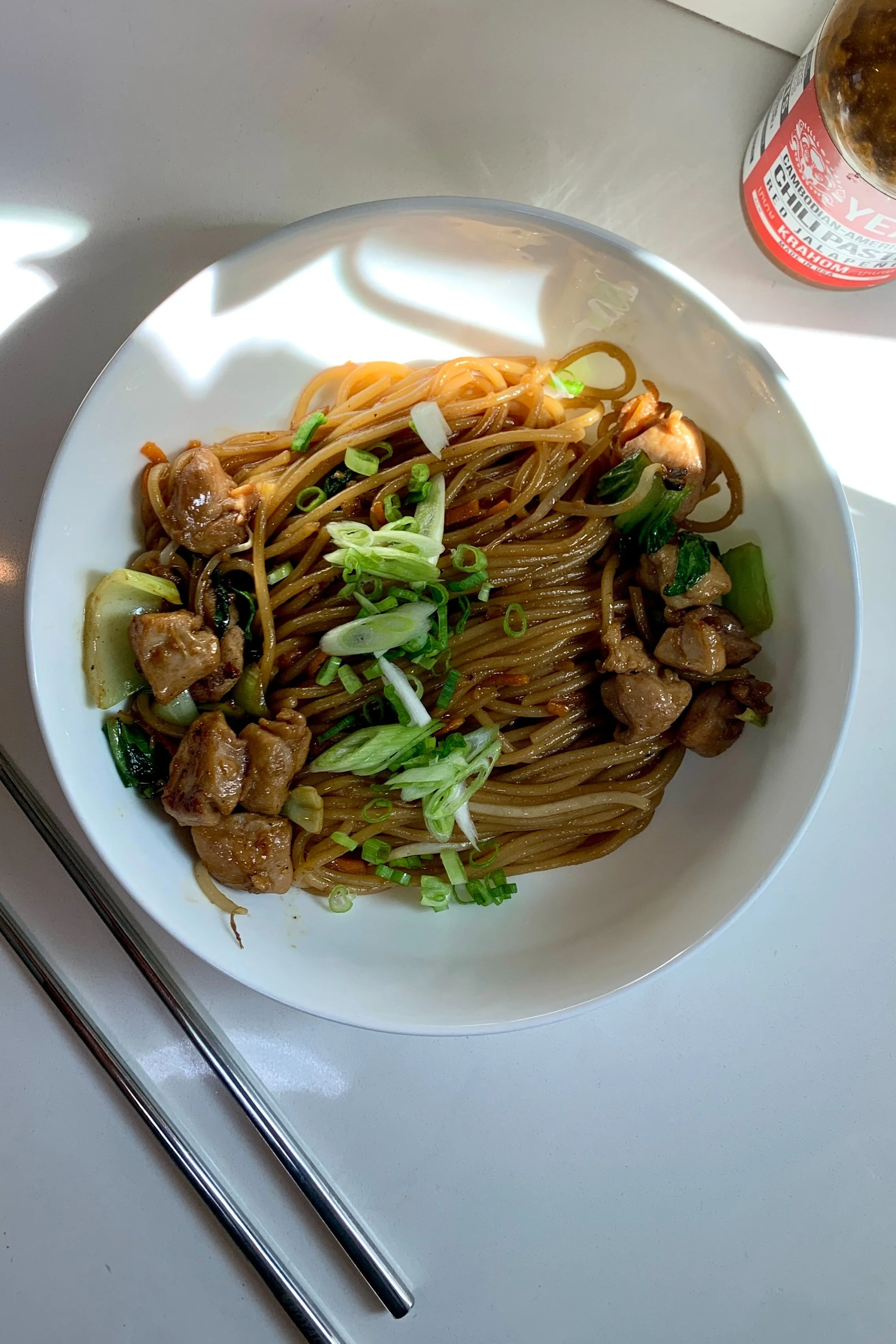 Garlic Noodles with Chicken and Greens