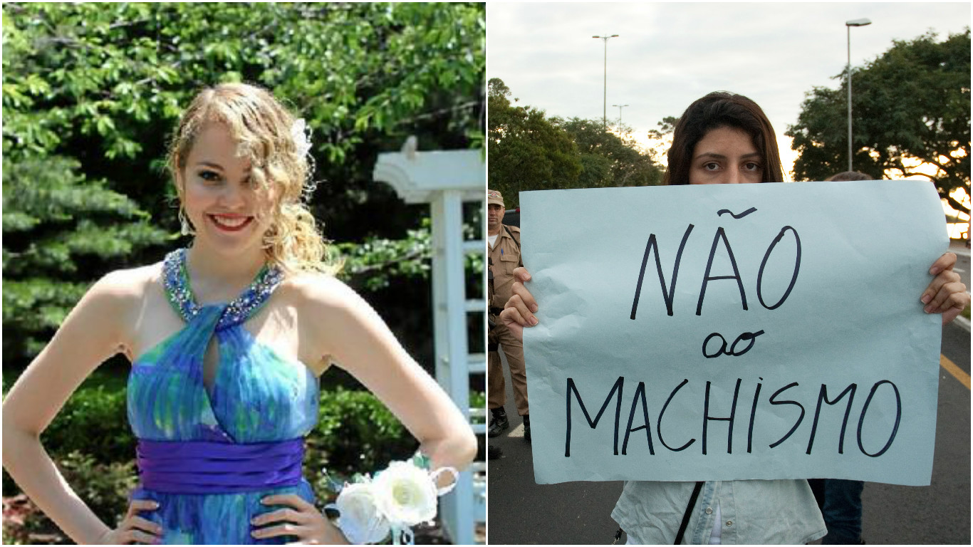 à esquerda, louise ribeiro, assassinada por um colega porque ela não queria 'reatar' um relacionamento; à direita, protesto contra o machismo