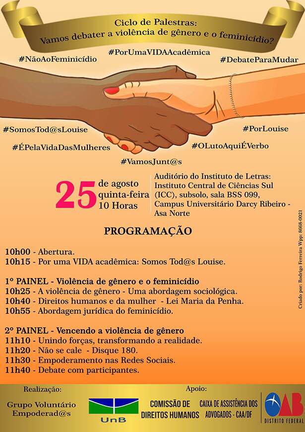 convite do ciclo de palestras que ocorre na unb sobre feminicídio 