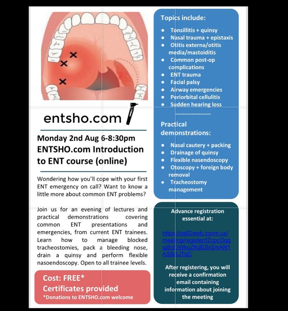 COURSE ALERT! Introduction to ENT course now available to register - perfect for any new incoming doctors and those wanting to refresh their ENT skills and knowledge
