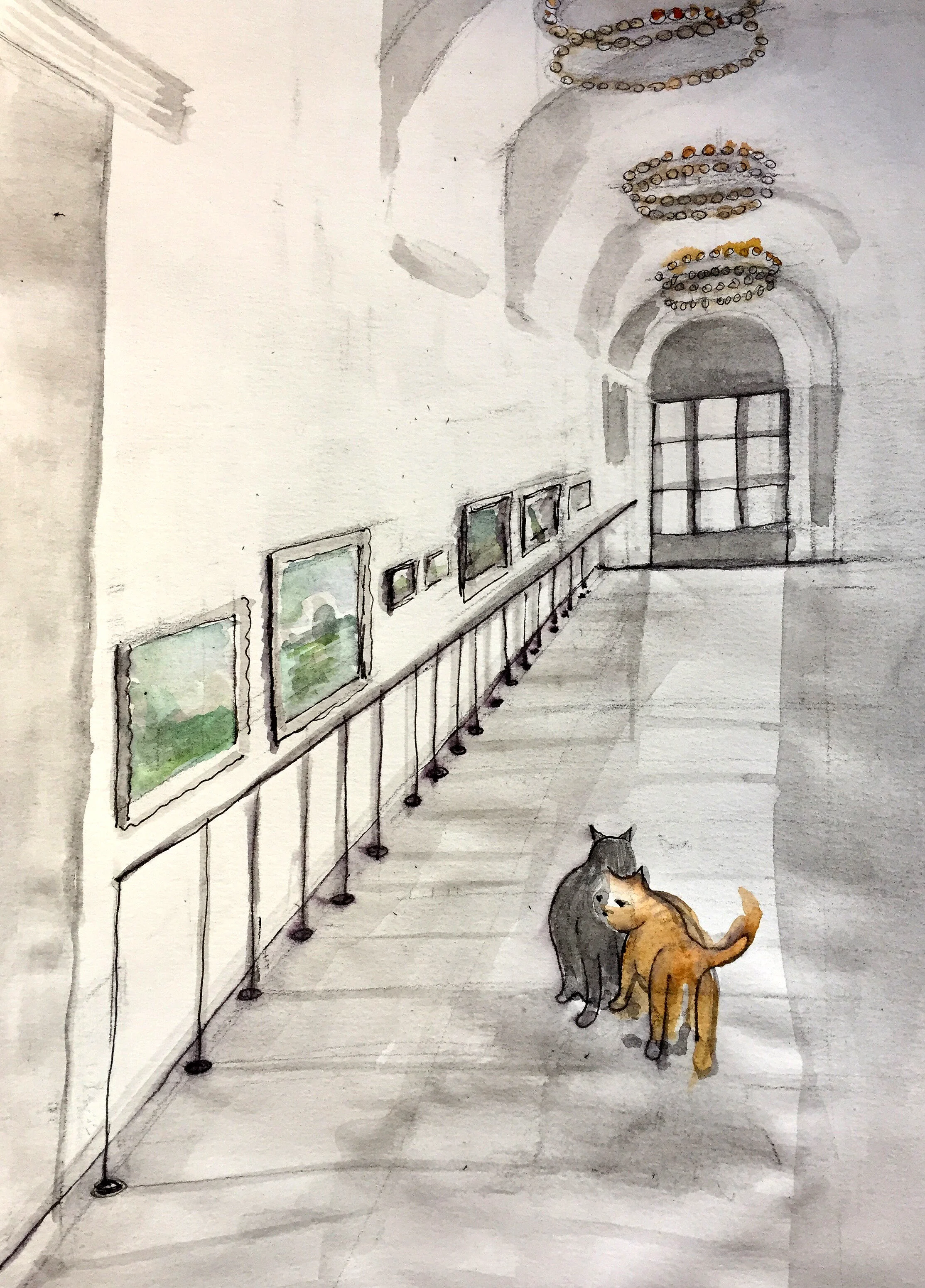 Bamboo and Houdini walk the corridors of the Brooklyn Museum of Art.