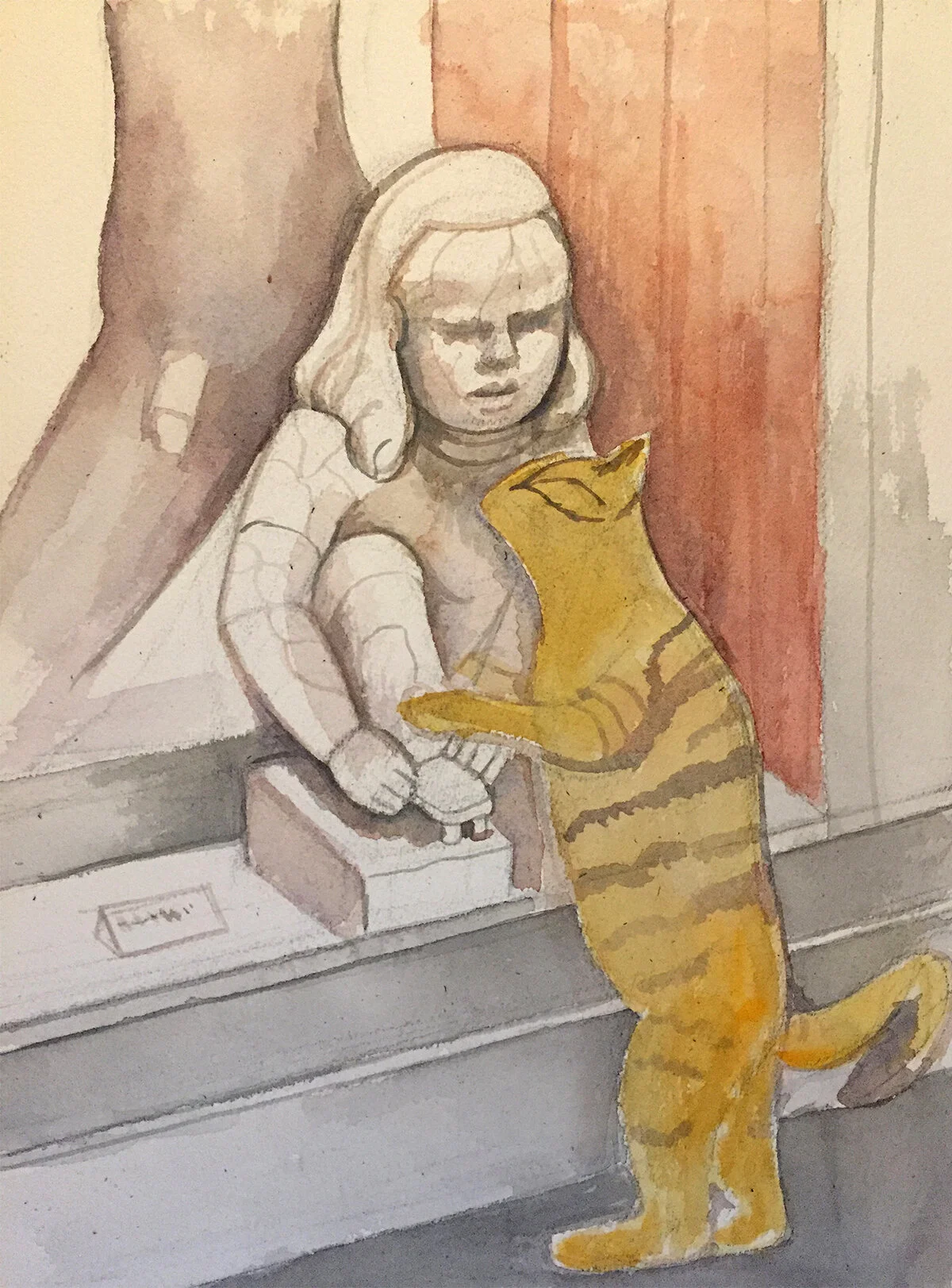 Bamboo rubbing up to sculpture of girl in storage