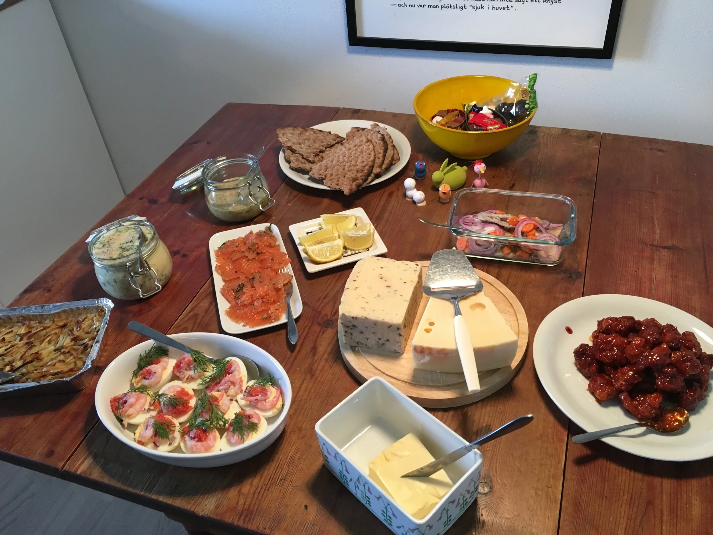 Swedish sill, lax and Janssons frestelse. And Korean fried chicken to the right.