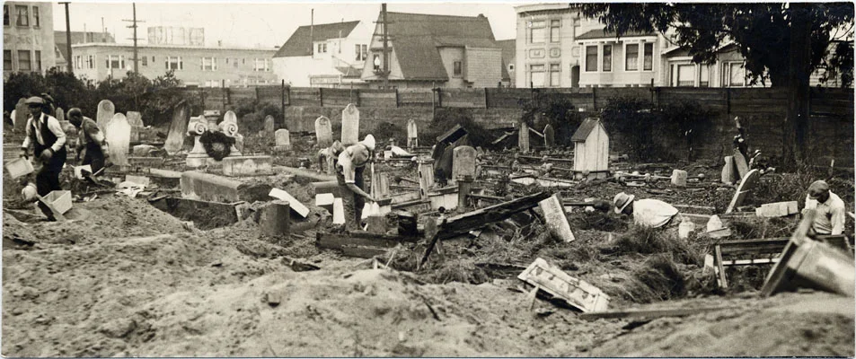 Digging up the dead at the Old Fellows Cemetery, San Francisco, Calfornia.