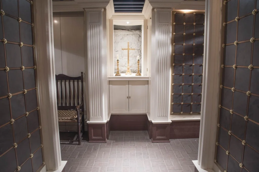 The Old North columbarium. Tomb 35 is located behind the niches on the far right side of the columbarium; tomb 37 is behind the niches in the foreground, right side.