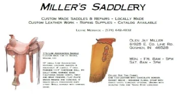 Miller saddlery located in Goshen, In makes saddles, chinks, chaps, reins and many other leather products. Shop in the store or order your custom leather goods.
