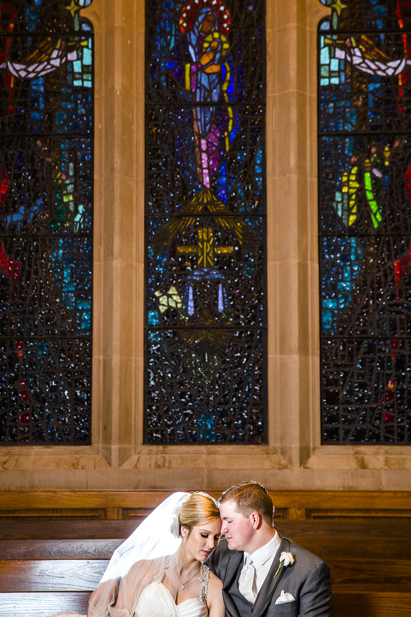 bride and groom portraits, stained glass windows, veil, romantic, sweet, love