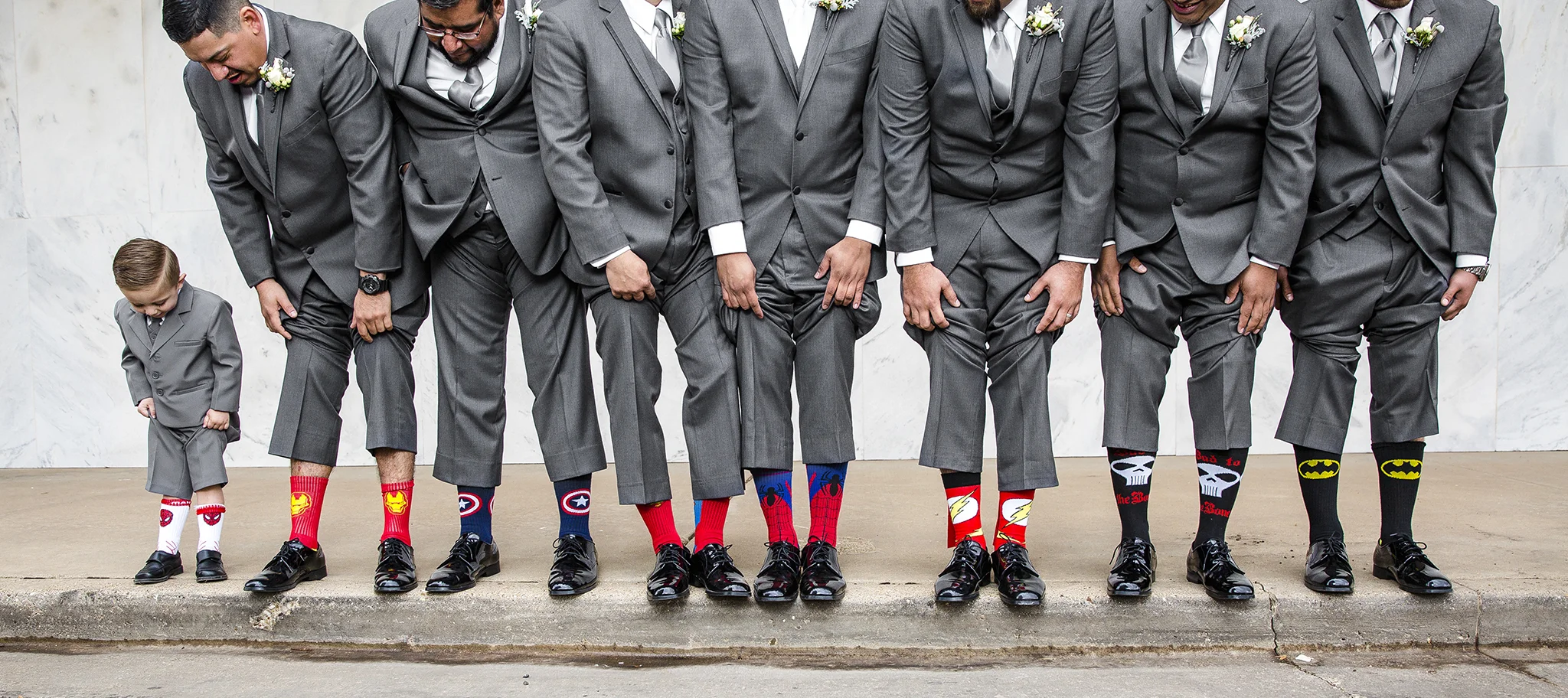 superhero socks, spiderman, iron man, cute wedding details