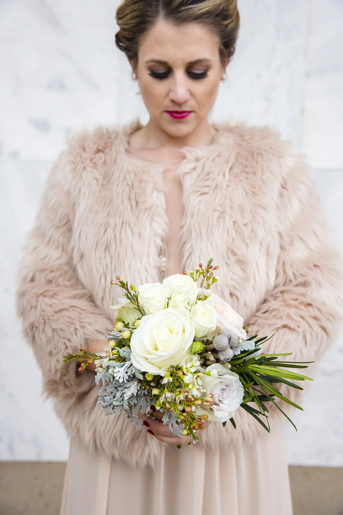 bride's bouquet, fur, january weddings, beautiful wedding details, sister of the bride