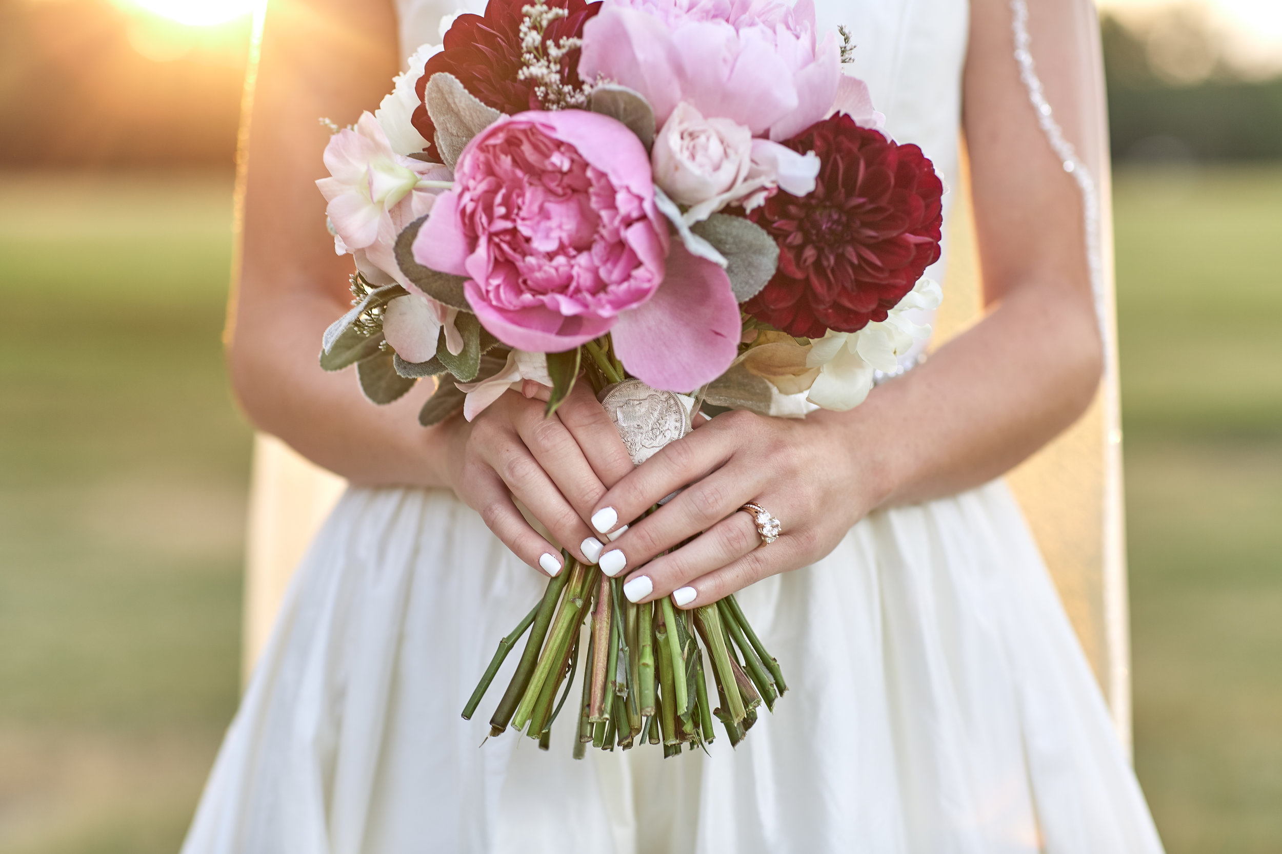 wedding details, bridal bouquet, lubbock wedding photography, golden hour, lens flare, sunset, natural light 