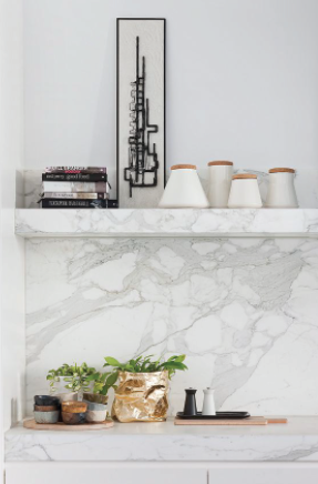 I love simple, contemporary details mixed with classical roots. A slab splash with a mitered stone shelf, are details that make me love what i do. After all, beauty is found in the details. (designer on this is unknown)