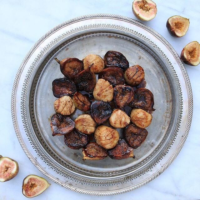 Favorite scallop recipe. Seared with fresh figs (or blueberries if you have trouble finding them now) with balsamic vinegar reduction. Full recipe (along with blueberry version and how to perfectly cook scallops) is on my website! (bio link&gt;sea)
