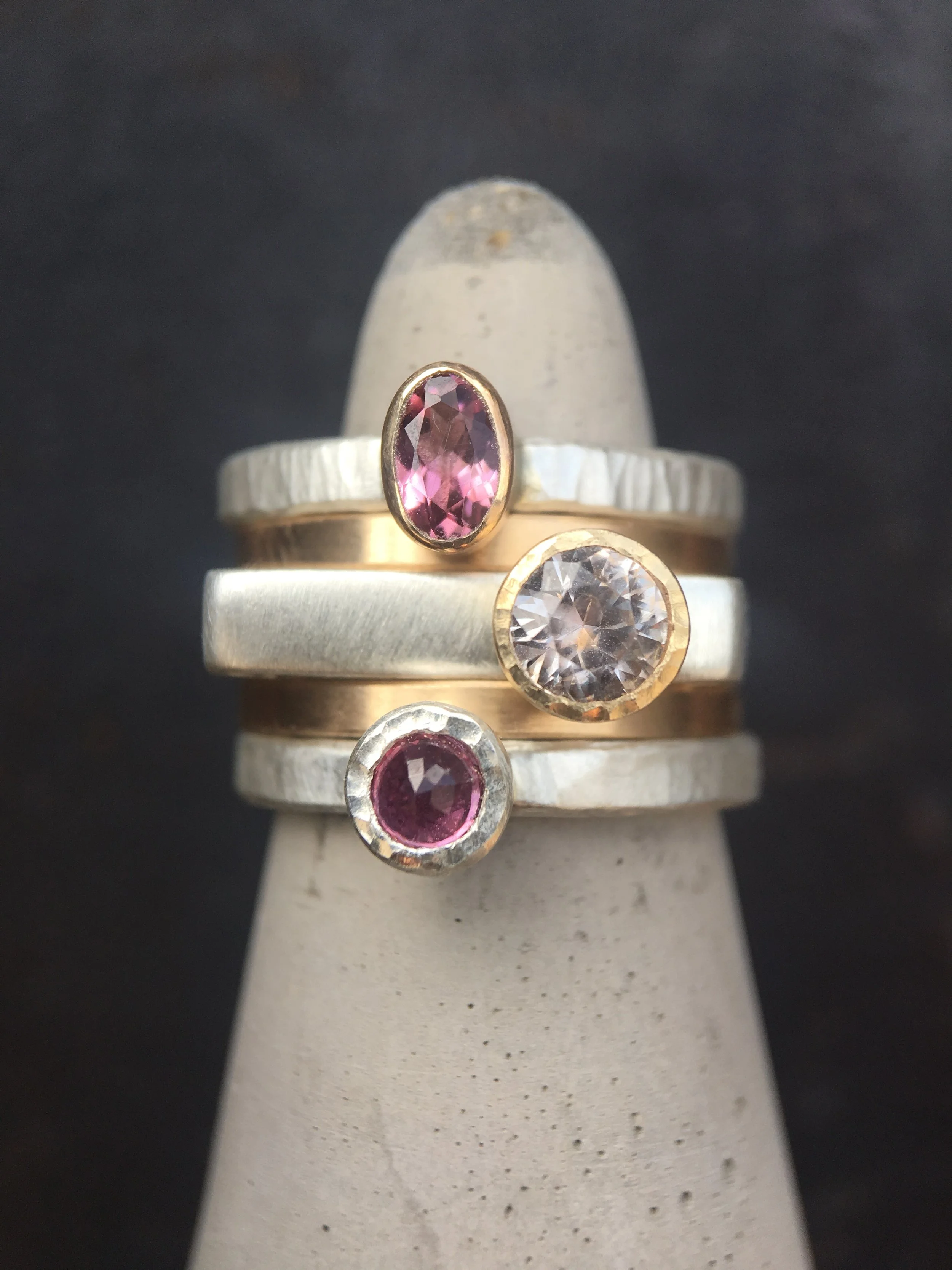 Ruby Pink Tourmaline Diamond 14KT White Gold 14KT Yellow Gold Stack Rings