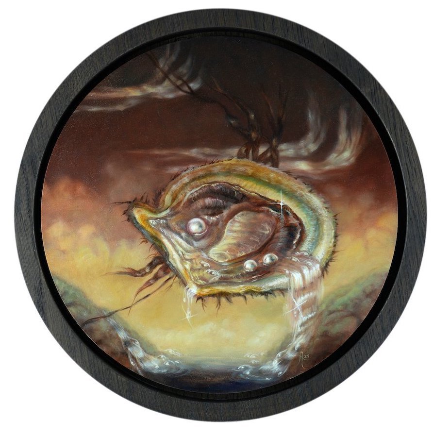 'Self Portrait At The Sea" 12" diameter Oil on panel