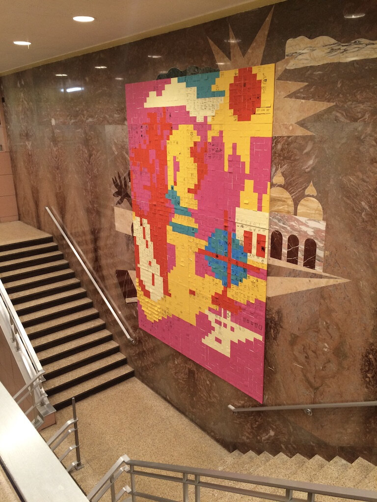 The Arts Committee asked students to write down the academic subjects they’d add to the mural on post-it notes. We used the notes to temporarily recreate the mural. I conceived the all-school project and created the mural.