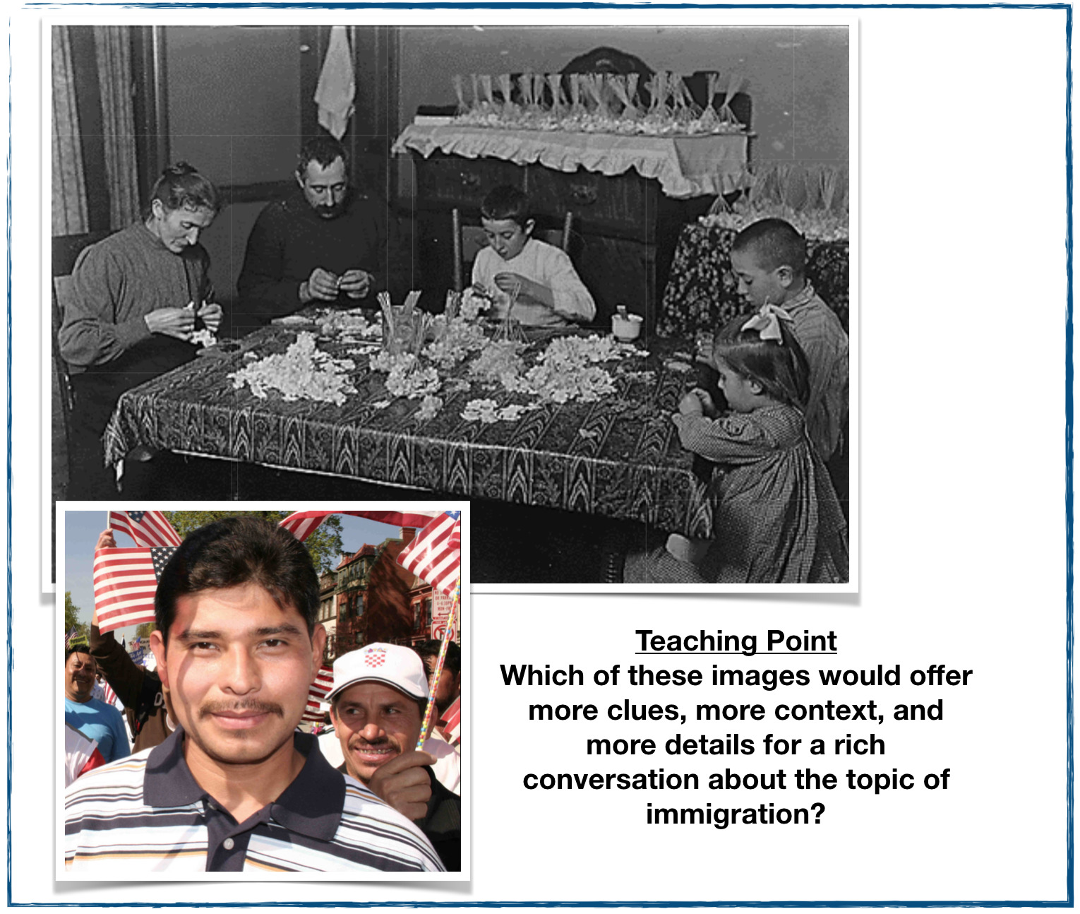 The top image is from a wonderful site that teaches students how to become Image Detectives . The lower image is from a Google search which turned up an image from a 2006 immigration march in Washington D.C.