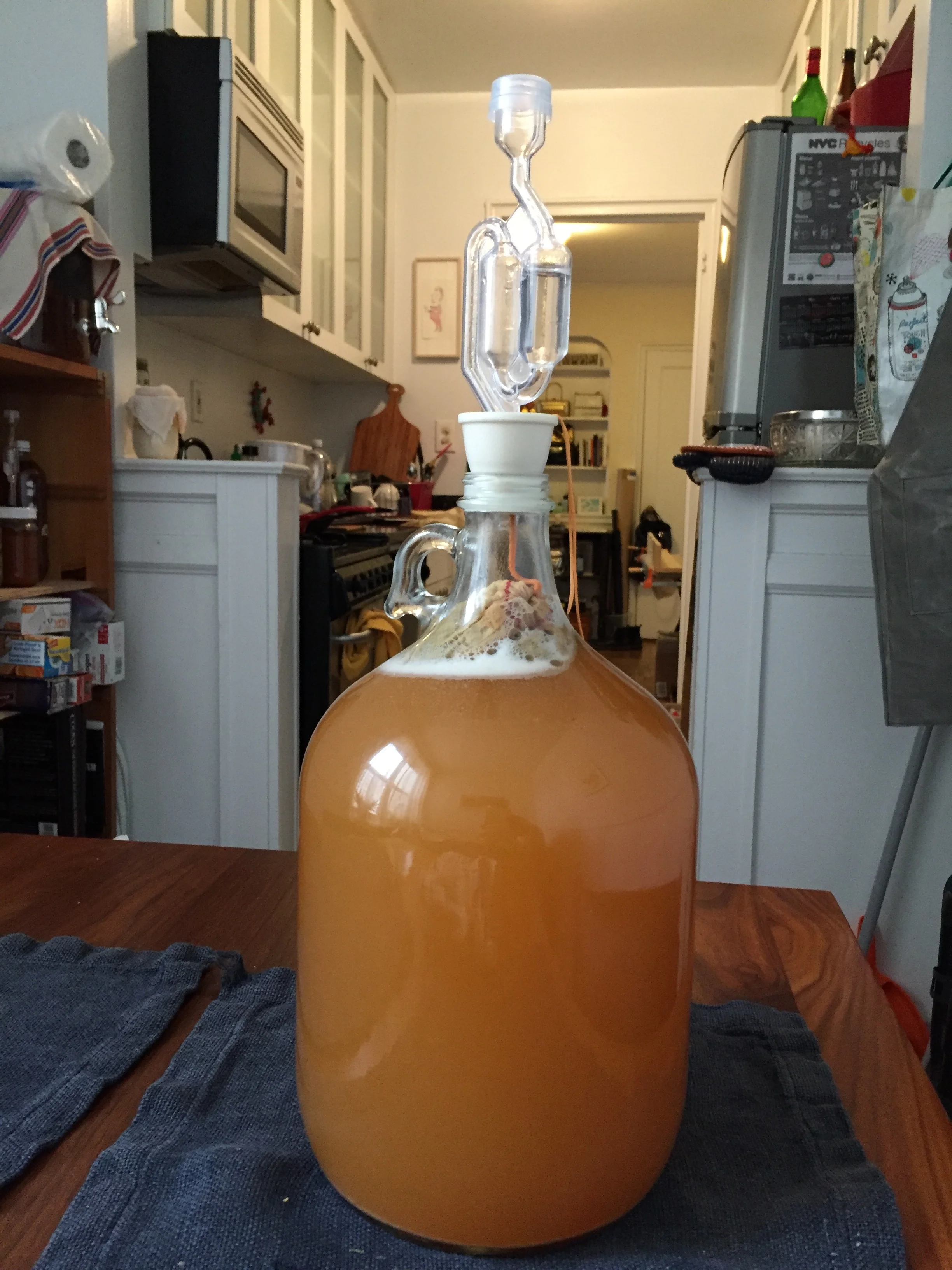 Ready for the growler w/ airlock. A bag of heather is flavoring it while fermenting. I'll remove the bag for capping. 