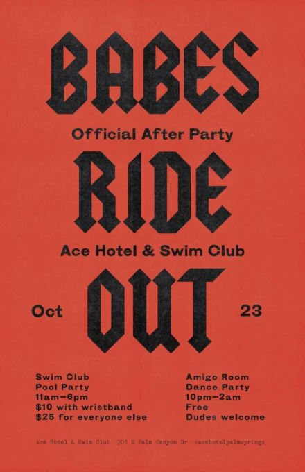 Swim Club Pool - 11am to 5pm DJ Aubrey Henderson Free to Swim Club Members and hotel guests. Use your rider's wristband to get a $10 pass to the Swim Club Pool the day of the party. The Amigo Room - 9pm to 1am Dirty Dave (dublab) Free. 21+. If you're burning asphalt this year, enter the rate code BABES to receive 15% off rooms for pre-ride stays October 17–19 and post-rides stays, too, October 23–25. 