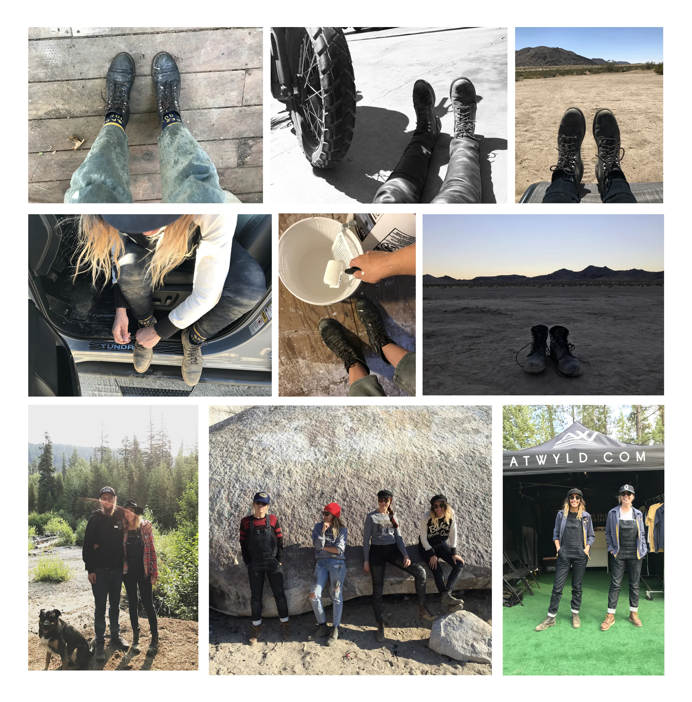 1. After a days work remodeling my home 2. Gas station stops on my way back from a camp trip 3. Desert adventure in Johnson Valley 4. Lacing up after a long day of riding in the dirt 5. Painting the walls in my new house 6. Nothing like waking up at sunrise when you're camping 7. Camping near the river in Oregon after watching the solar eclipse 8. A day at Giant Rock with Friends 9. All day on my feet vending Atwyld up in Washington