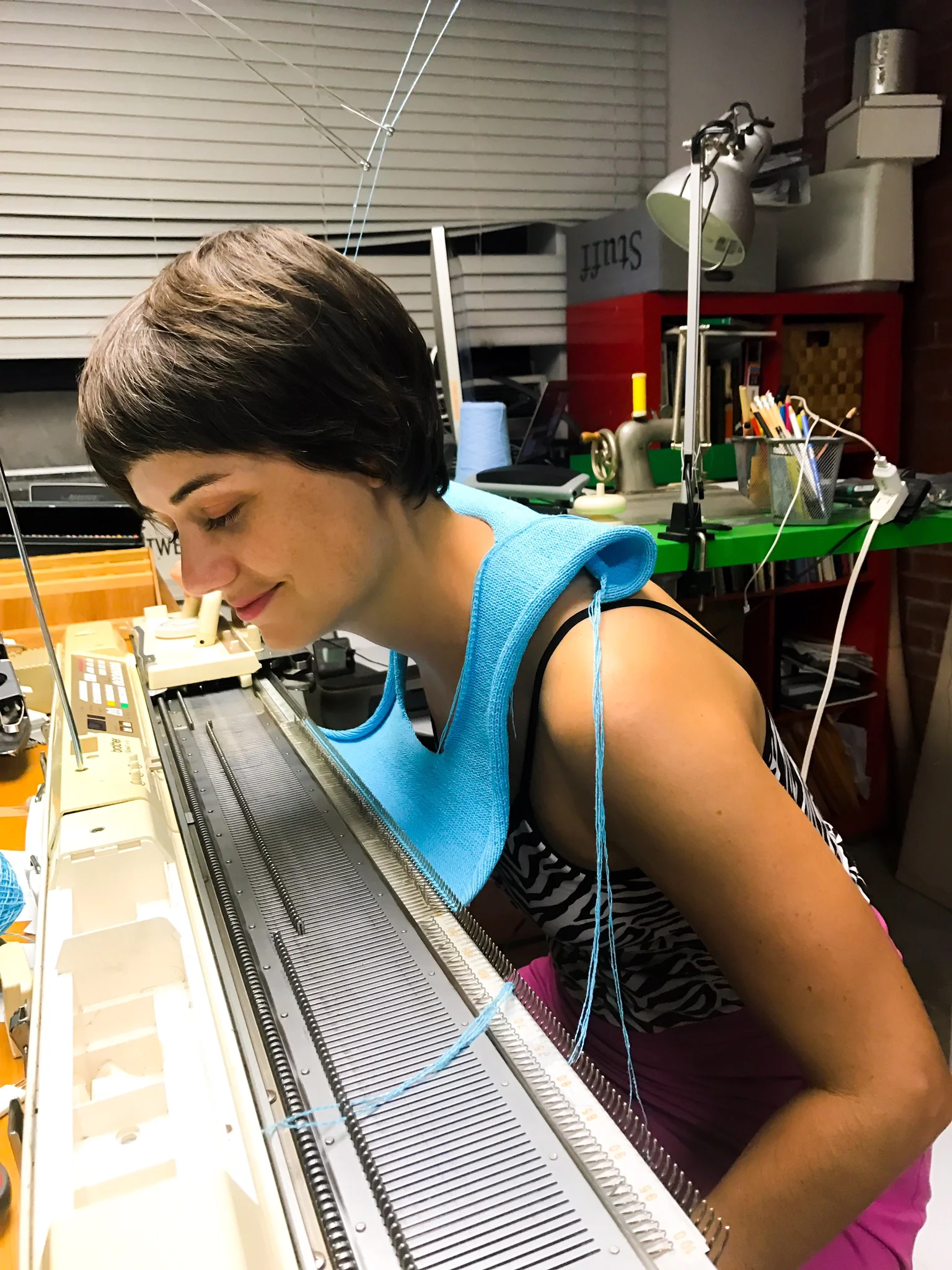 "Here I am being silly and saying I made a dickie. It’s actually a tank top I am making from recycled cotton. All of my work is zero waste and makes use of sustainable materials."