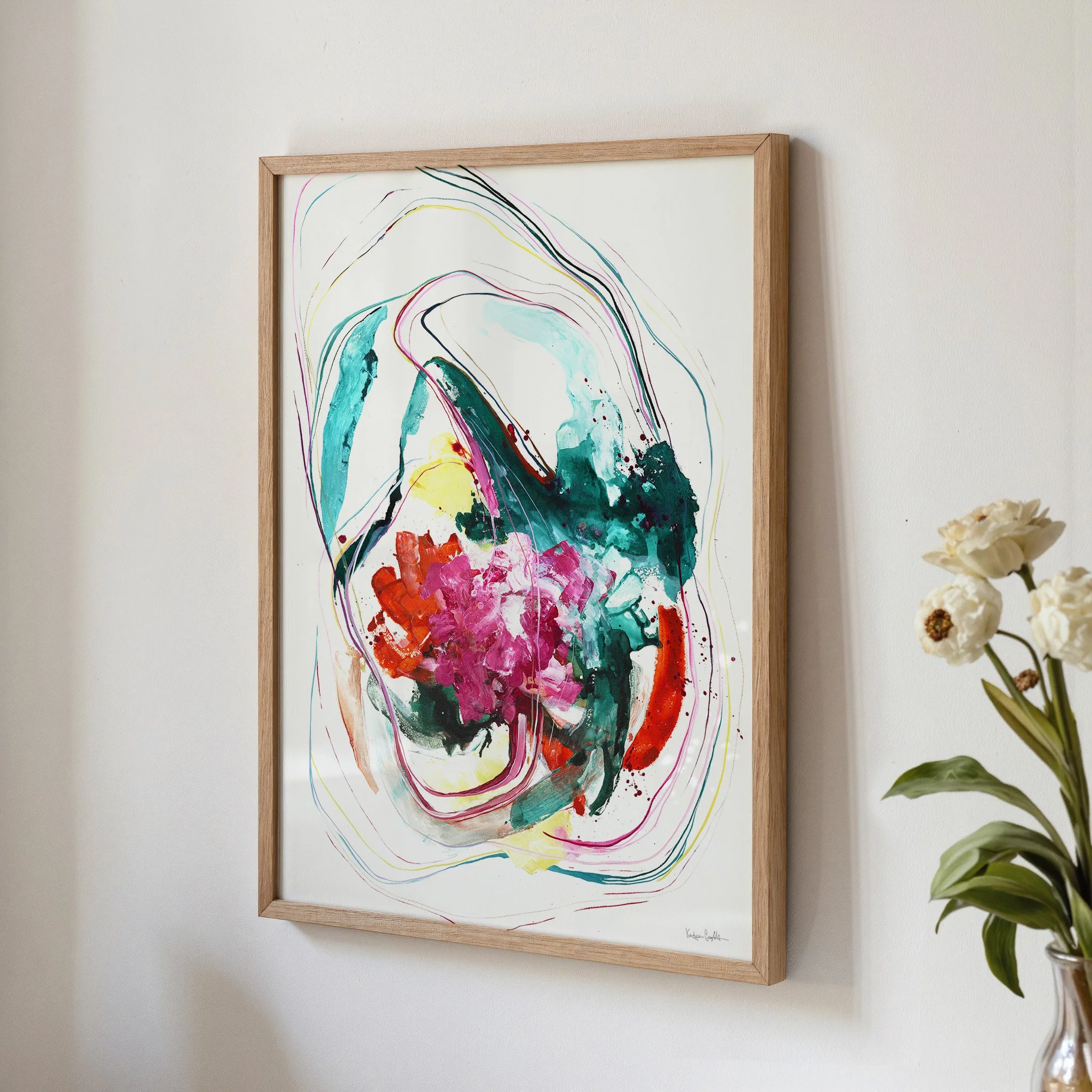 Colorful abstract art print by Kendra Castillo, pink, red, teals accent this vertical art print