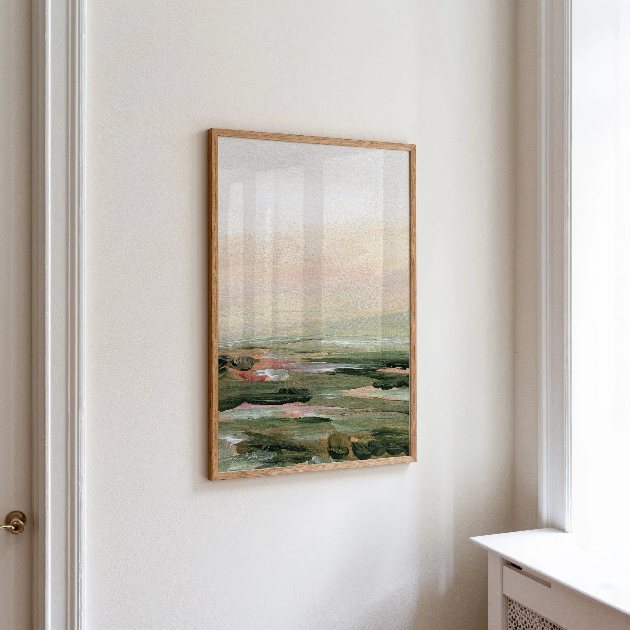 Meadow Dream- vertical fine art landscape print, soft greens, neutral tones. Art by Kendra Castillo