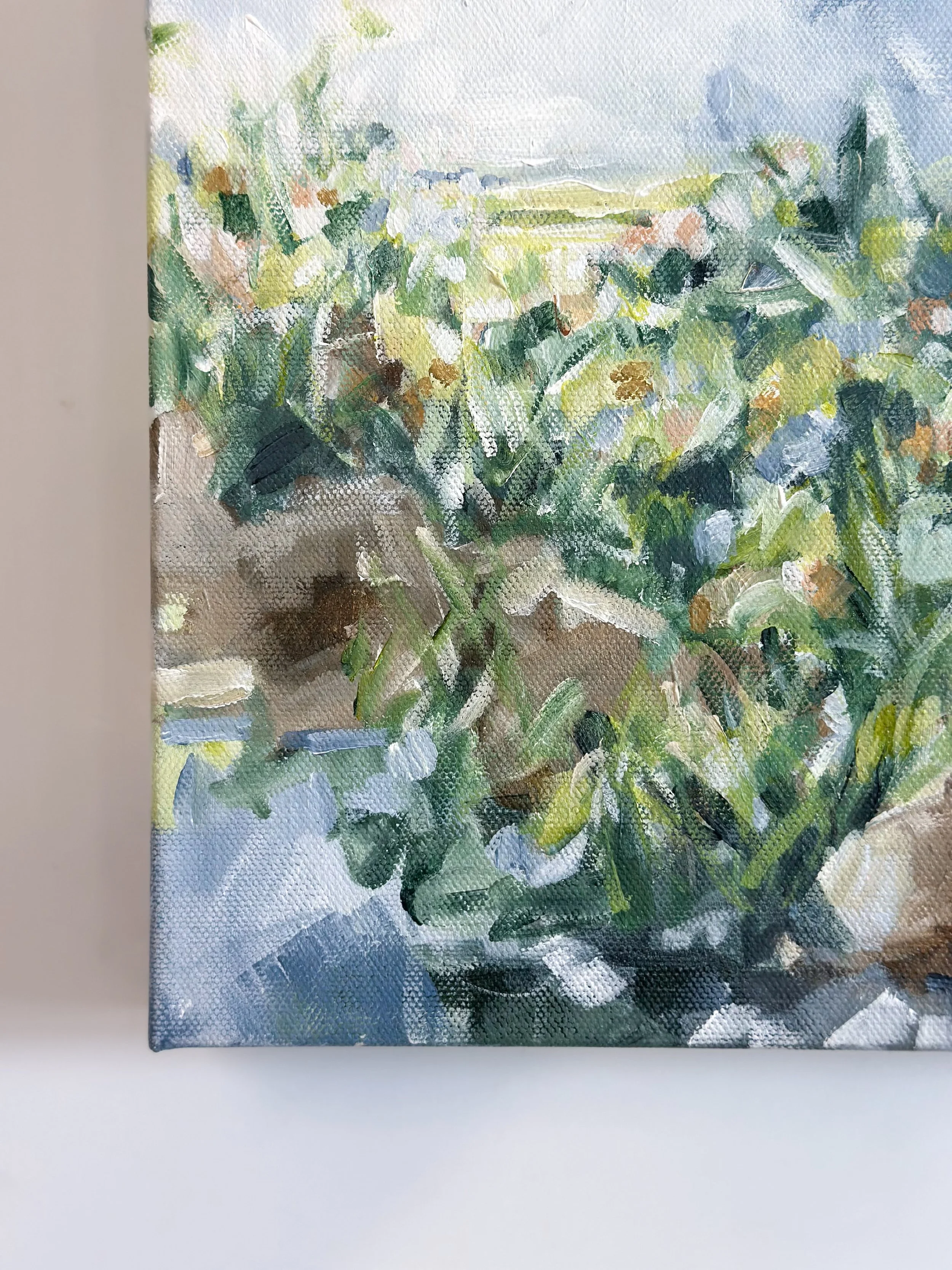 Original square landscape painting in green, blue, and neutral tones, acrylic on canvas, 10x10 inches