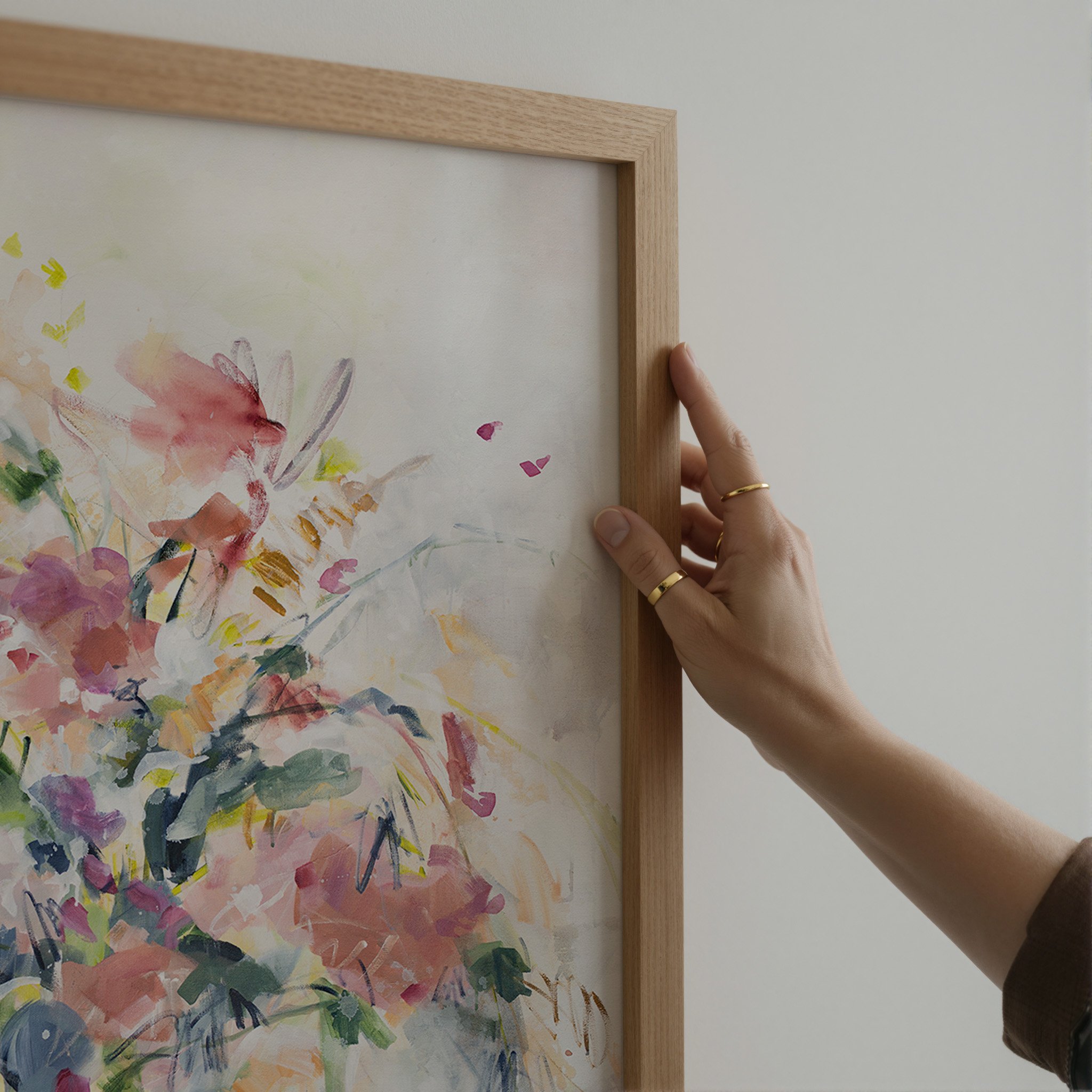 Soft floral abstract art print with pastel pink, blush, and muted blue tones, modern airy wall decor. Vertical art print by Kendra Castillo. Bellingham Washington artist