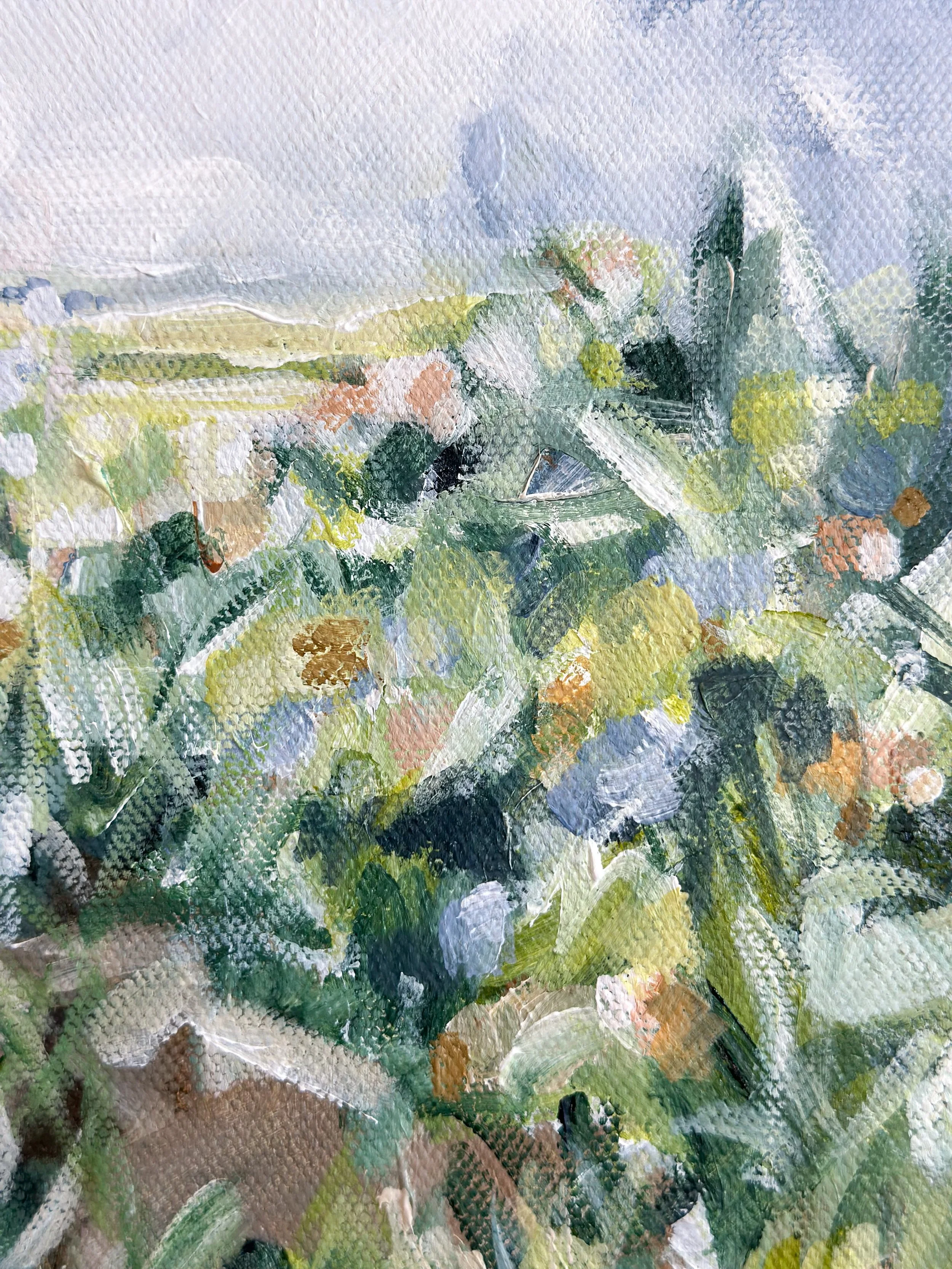 Small original landscape painting with soft meadow greens, earthy rocks, and muted sky