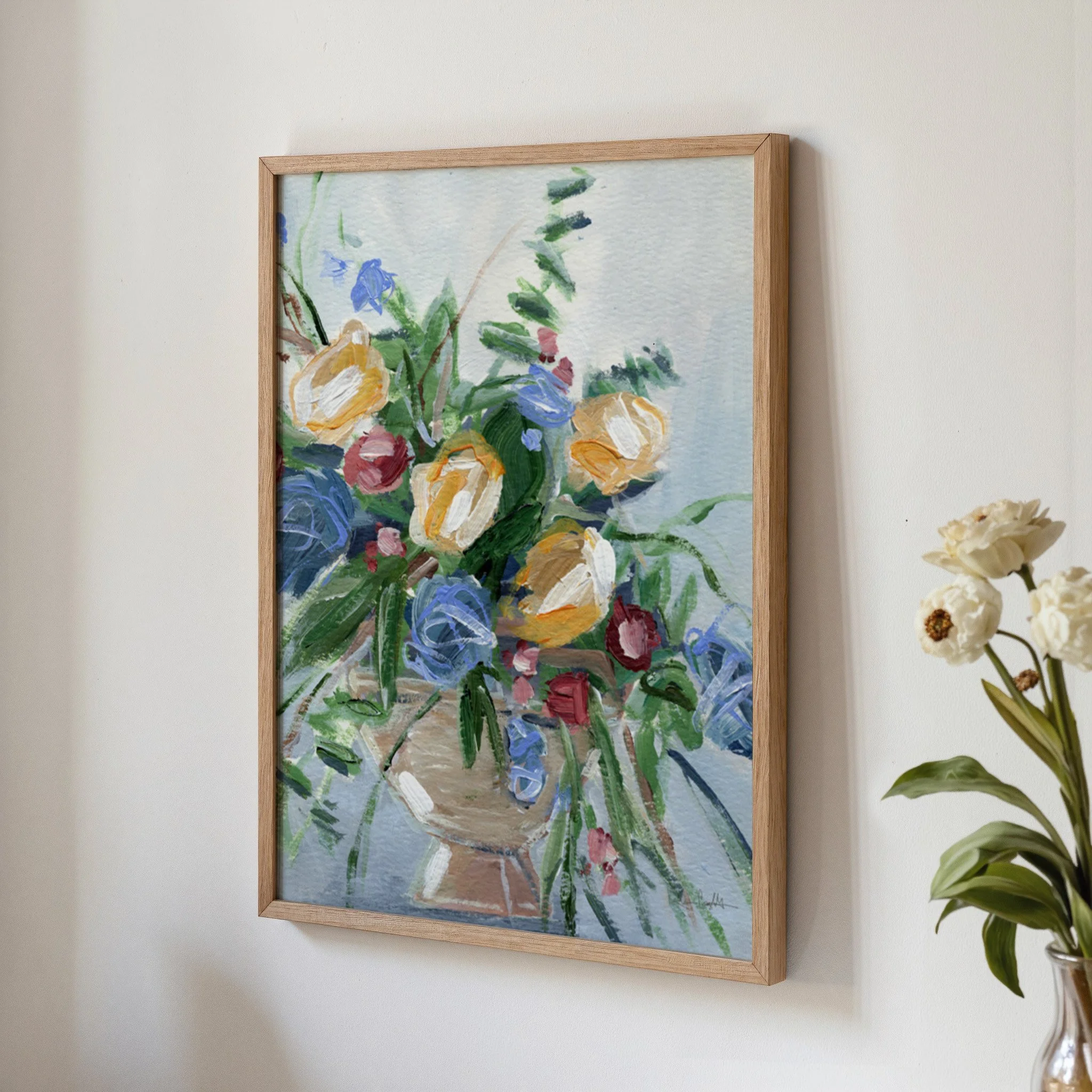 Colorful botanical wall art print with loose brushwork and bright florals, contemporary home decor. Artwork by Kendra Castillo in Bellingham WA