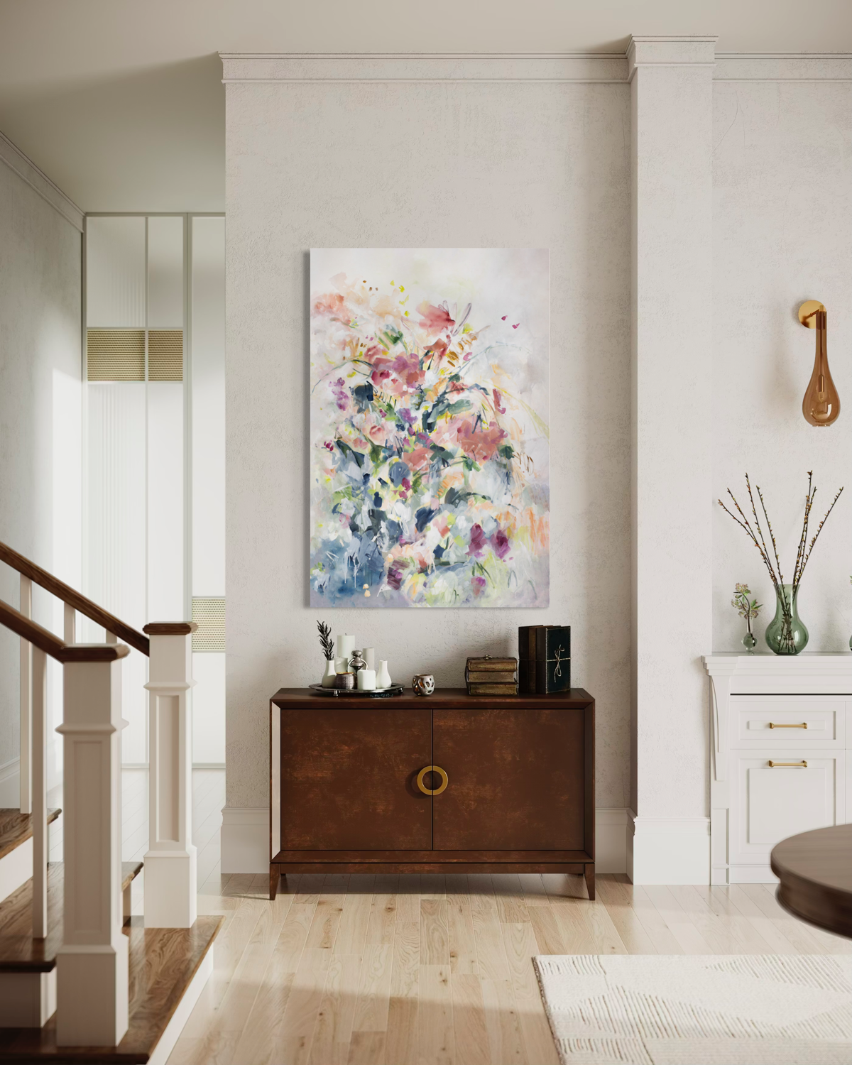 large abstract floral painting on canvas seen in entryway. Original art by Kendra Castillo
