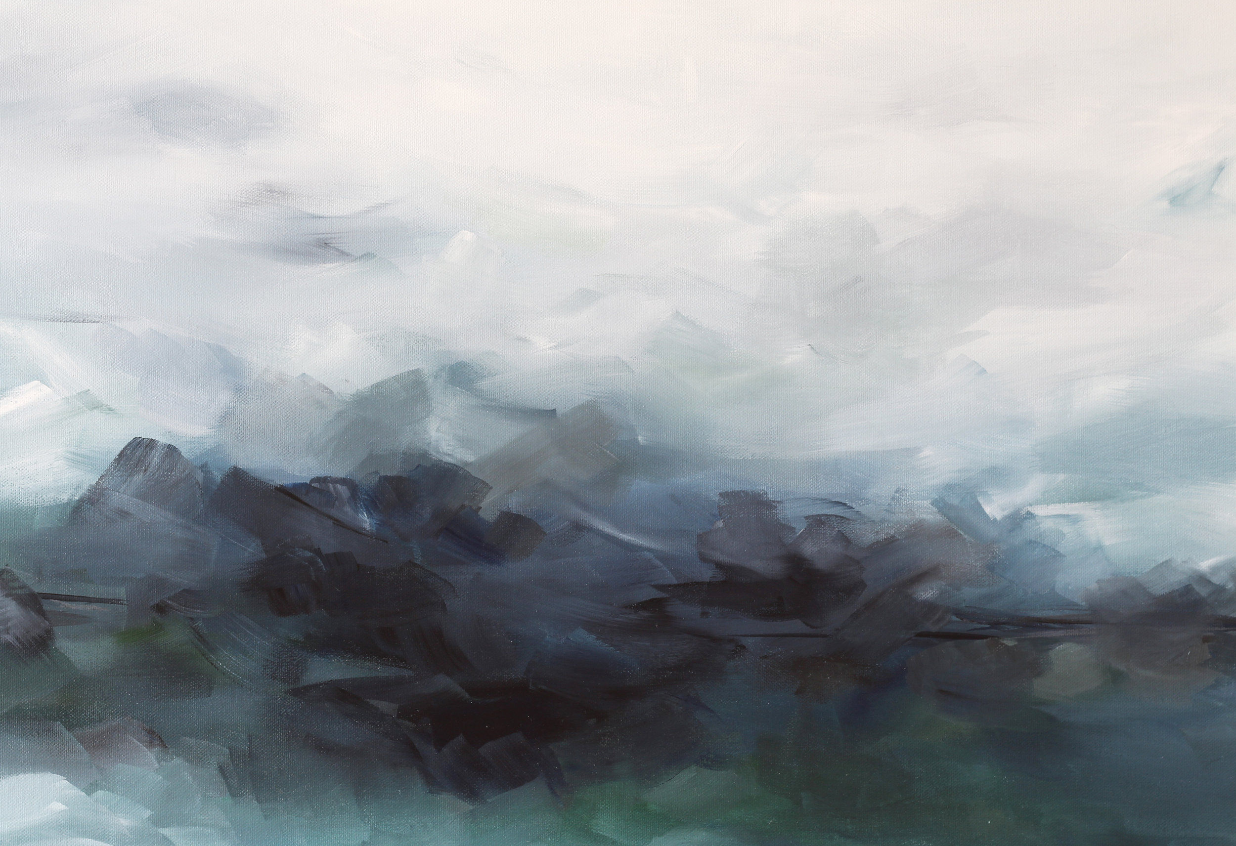 artist Kendra Castillo. Close up from "From Memories," horizontal moody impressionistic acrylic landscape, soft blue sky