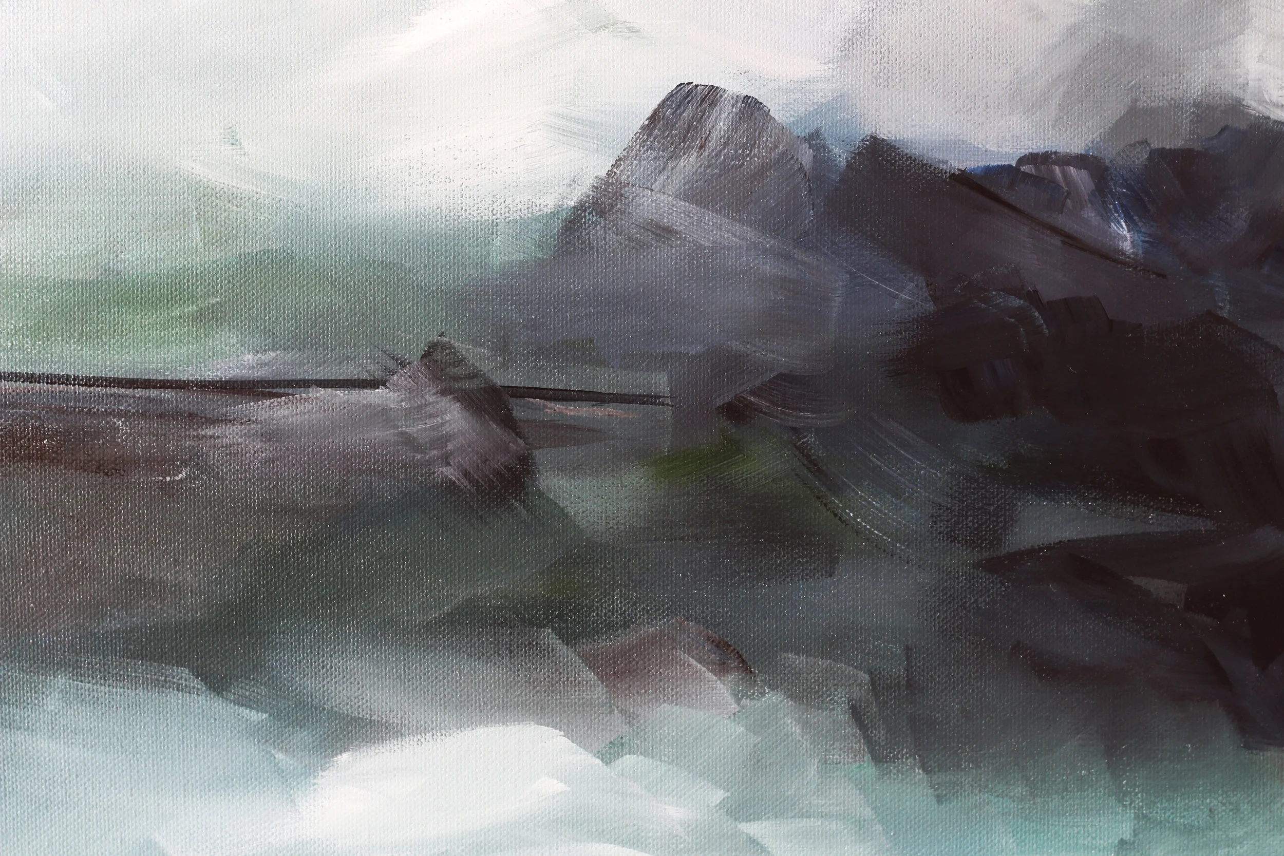 artist Kendra Castillo. Close up from "From Memories" horizontal moody impressionistic acrylic landscape, soft blue sky