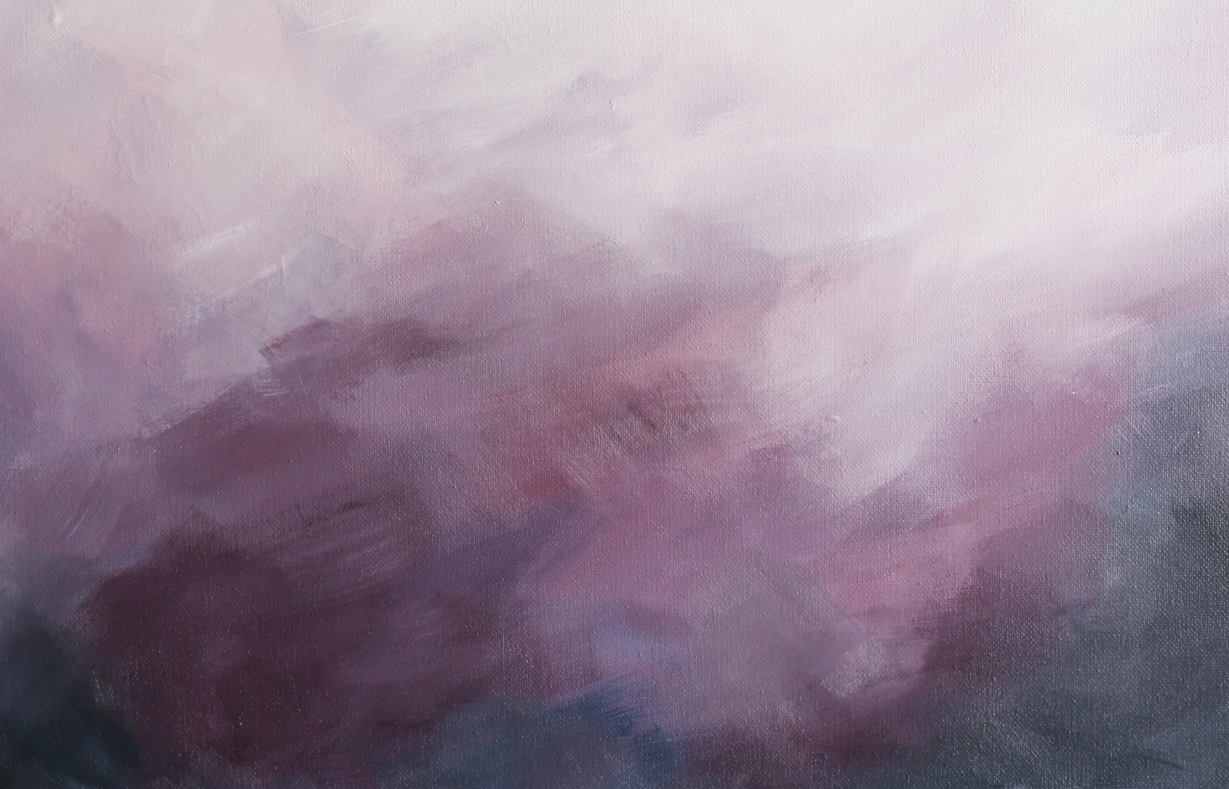 artist Kendra Castillo. "Softly Spoken," Square 20x20, moody impressionistic acrylic landscape, soft purple sky