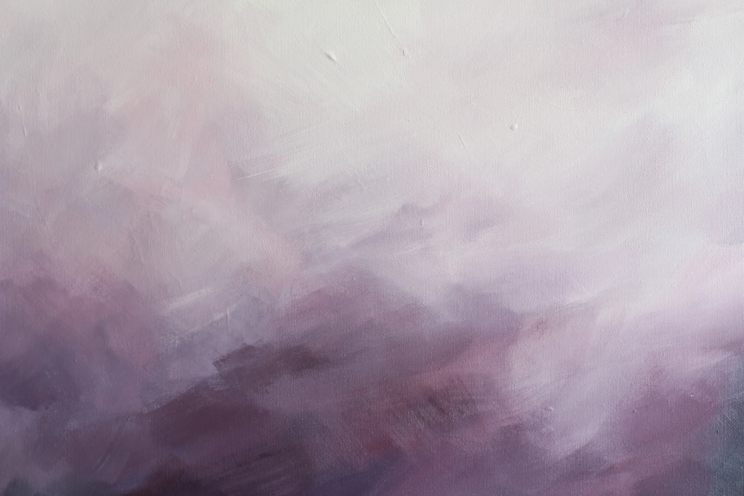 artist Kendra Castillo. "Softly Spoken," Square 20x20, moody impressionistic acrylic landscape, soft purple sky