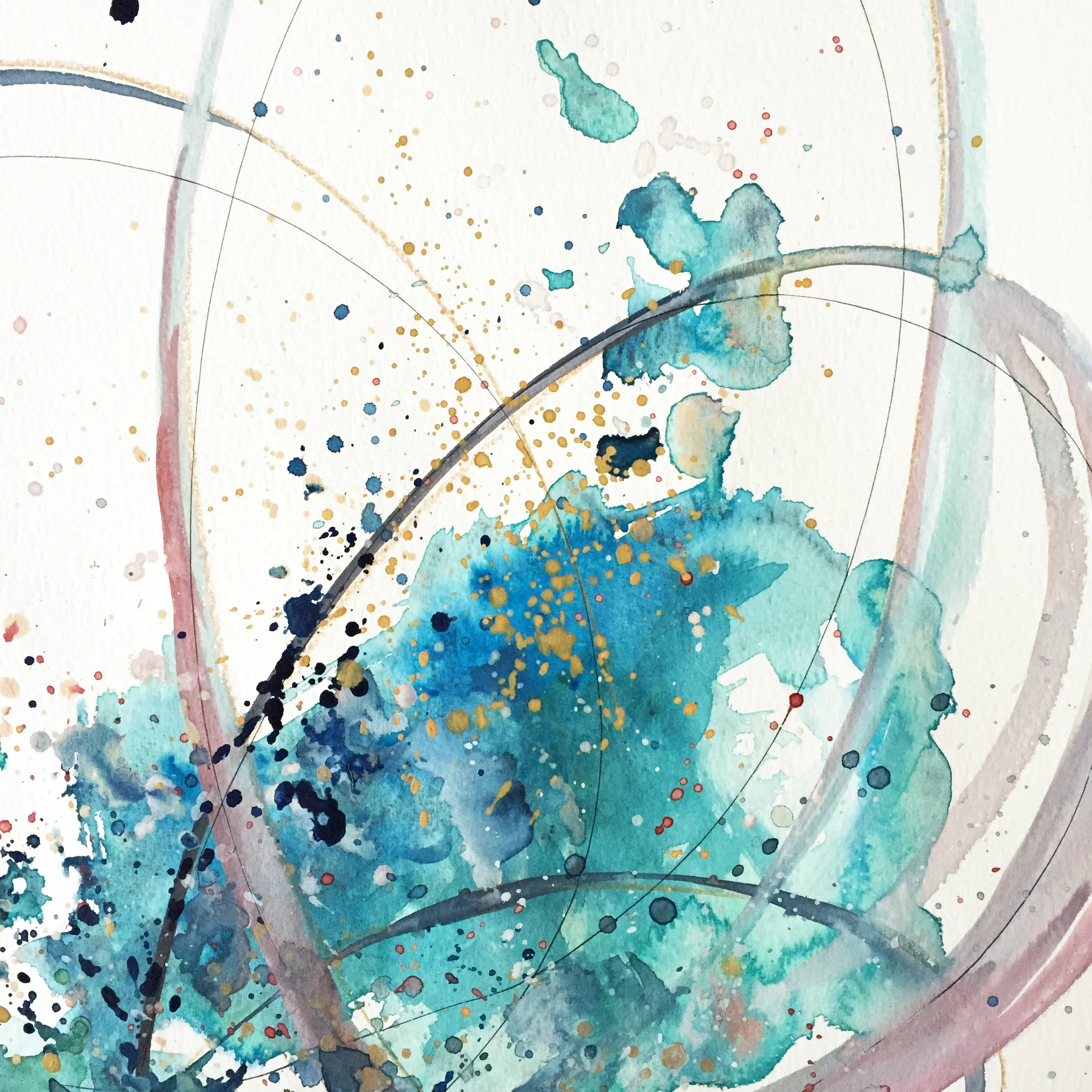 "Pirouette," Abstract mixed media painting by Kendra Castillo. purple, teal, blue, pink, watercolor