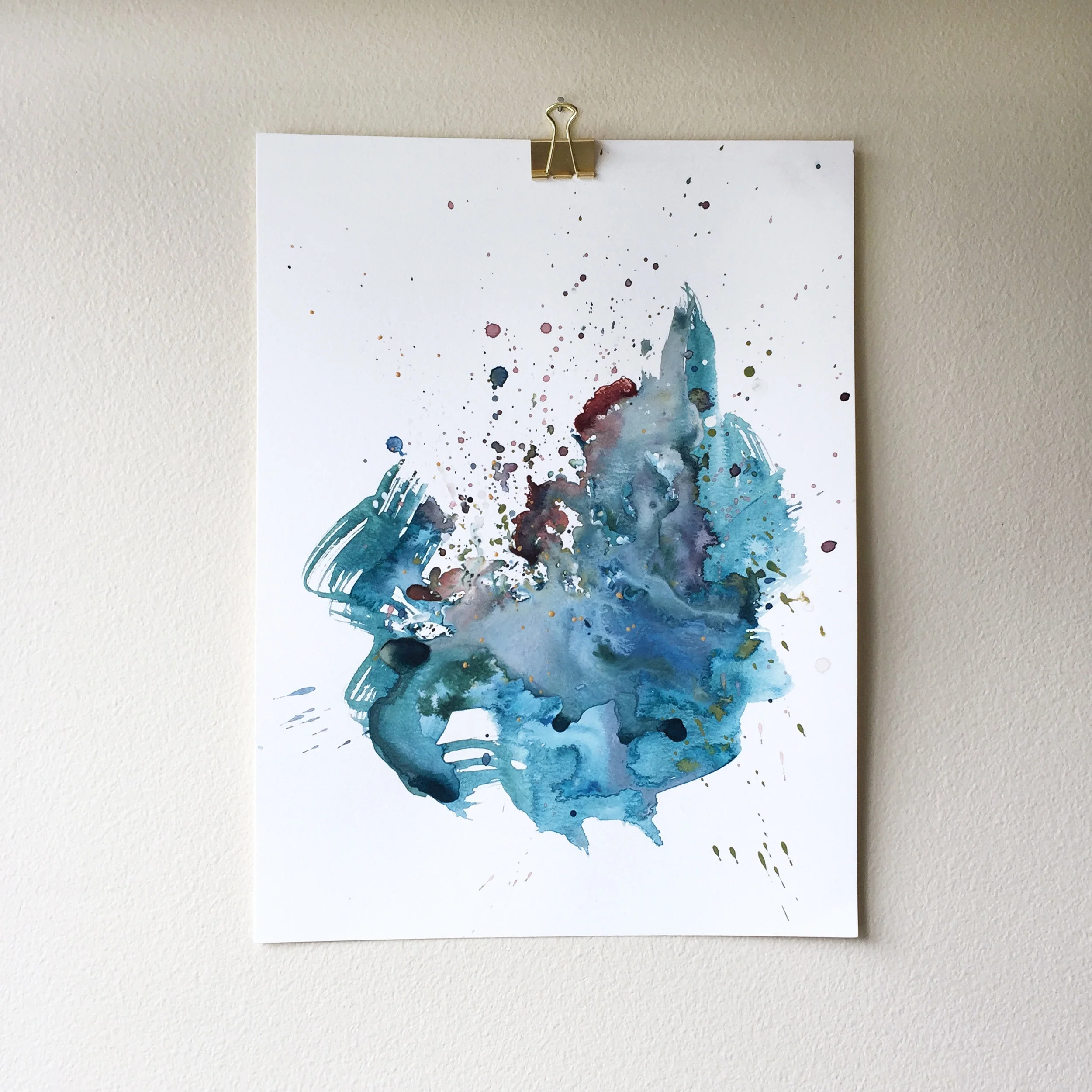 "Shining Bright no.1," Abstract Mixed Media painting by Kendra Castillo. 12x16 - teal, blue, gold, pale pink.