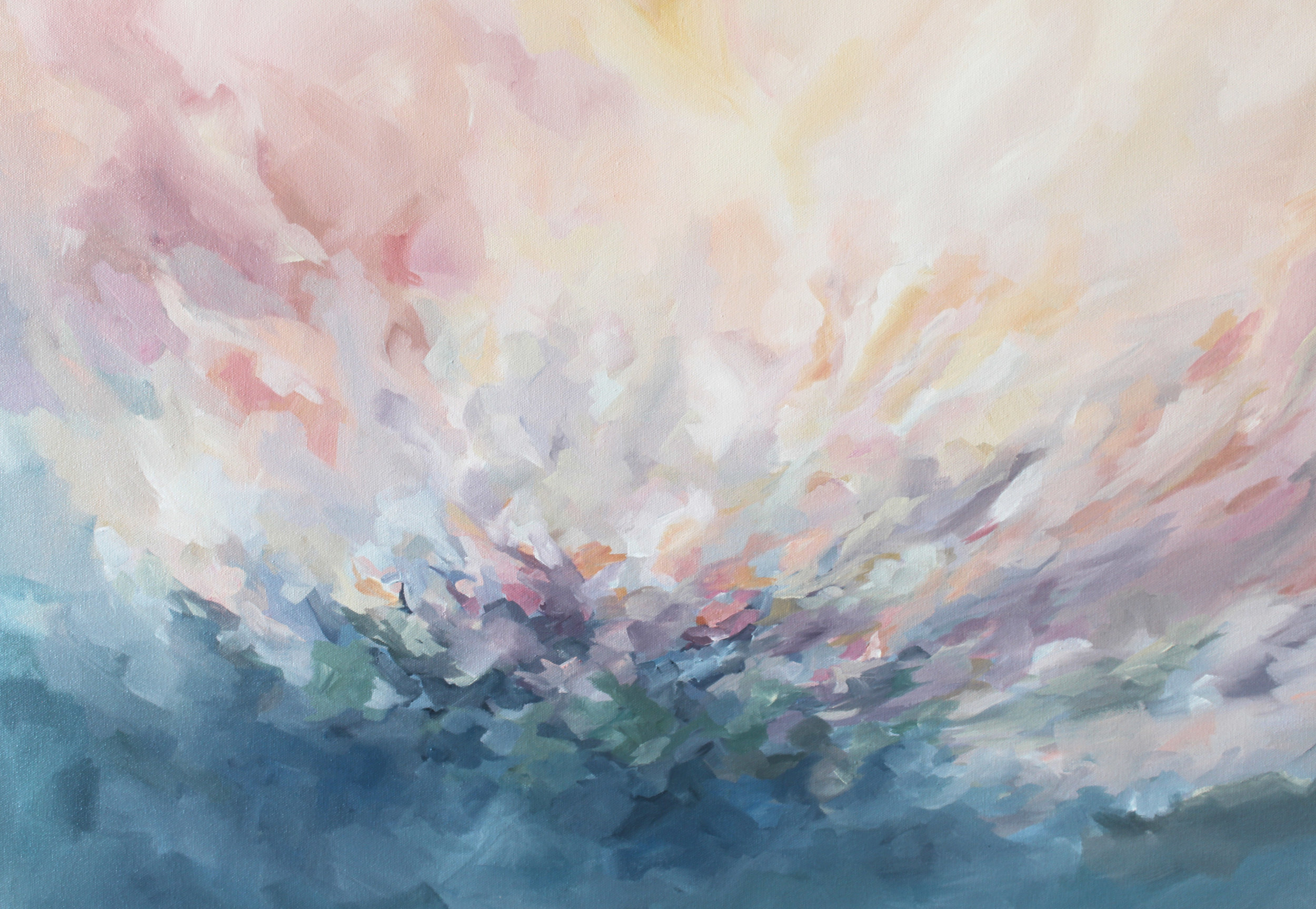 artist Kendra Castillo. "A Deeper Call," horizontal impressionistic acrylic landscape, soft pink sky