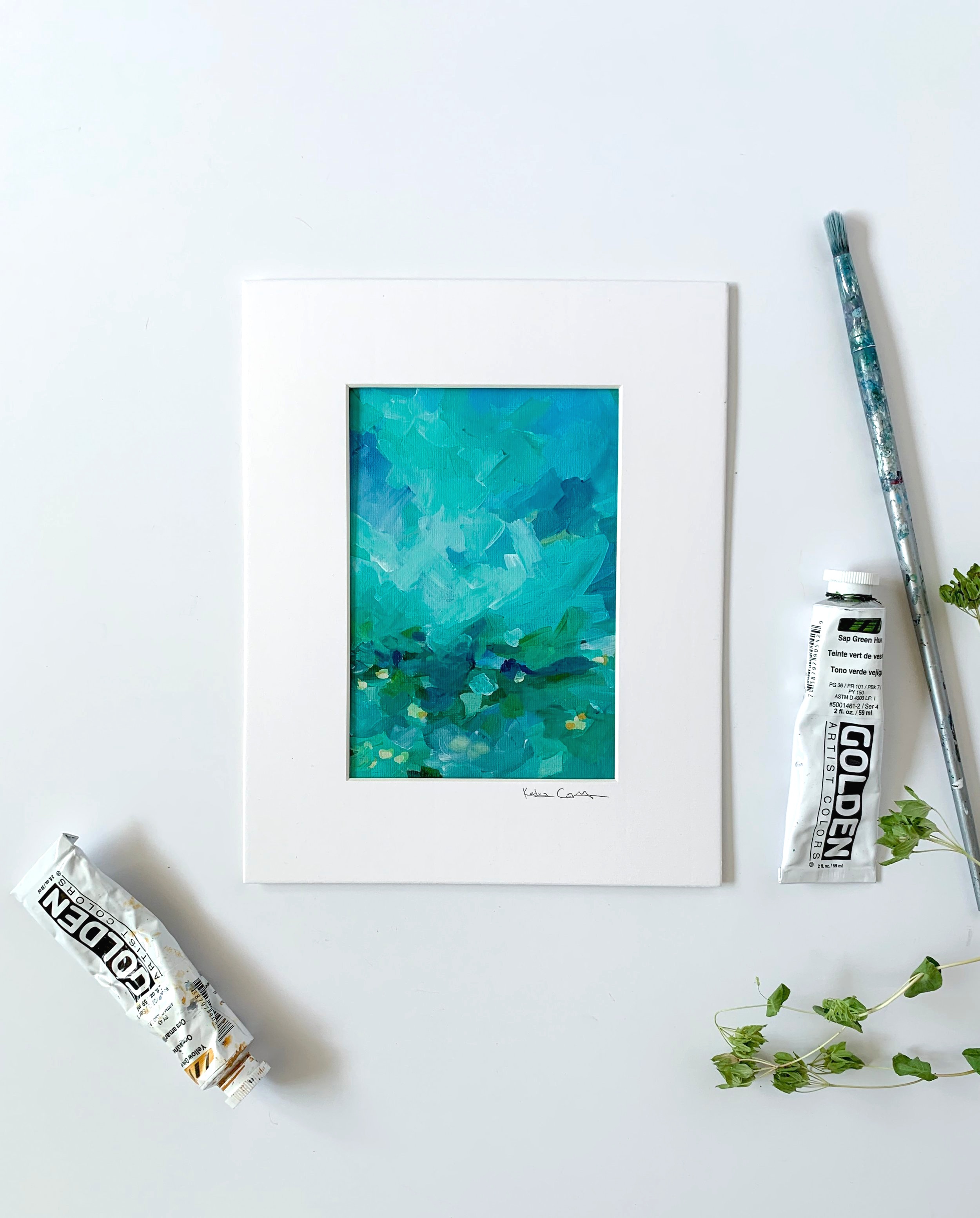 "Forest Feels" Small Scale Original LandscapePainting, blue, teal, green. Artist Kendra Castillo.