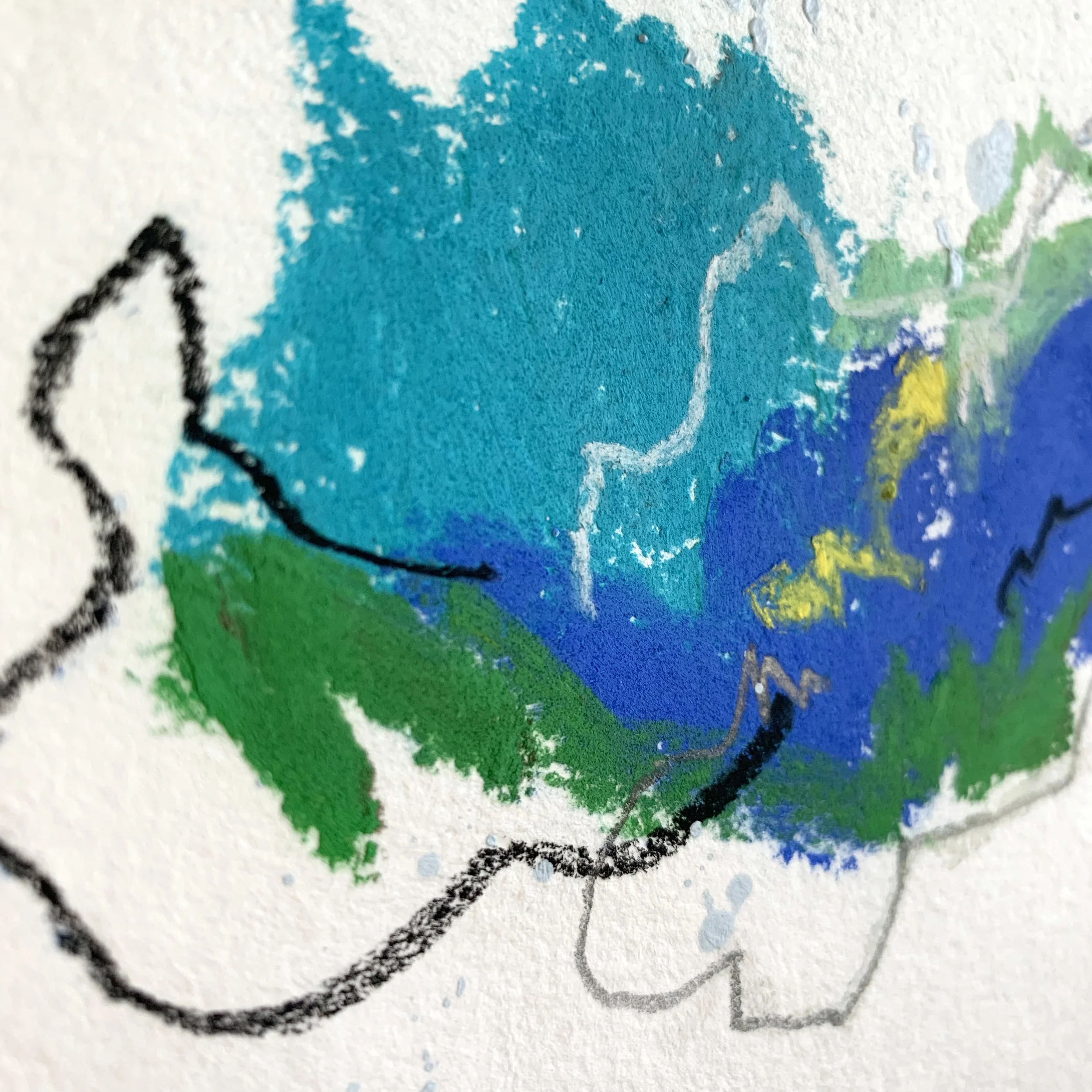 Artist Kendra Castillo. "Settled In" bright & energetic original abstract painting, blue, teal, grey. Small Mixed Media Painting
