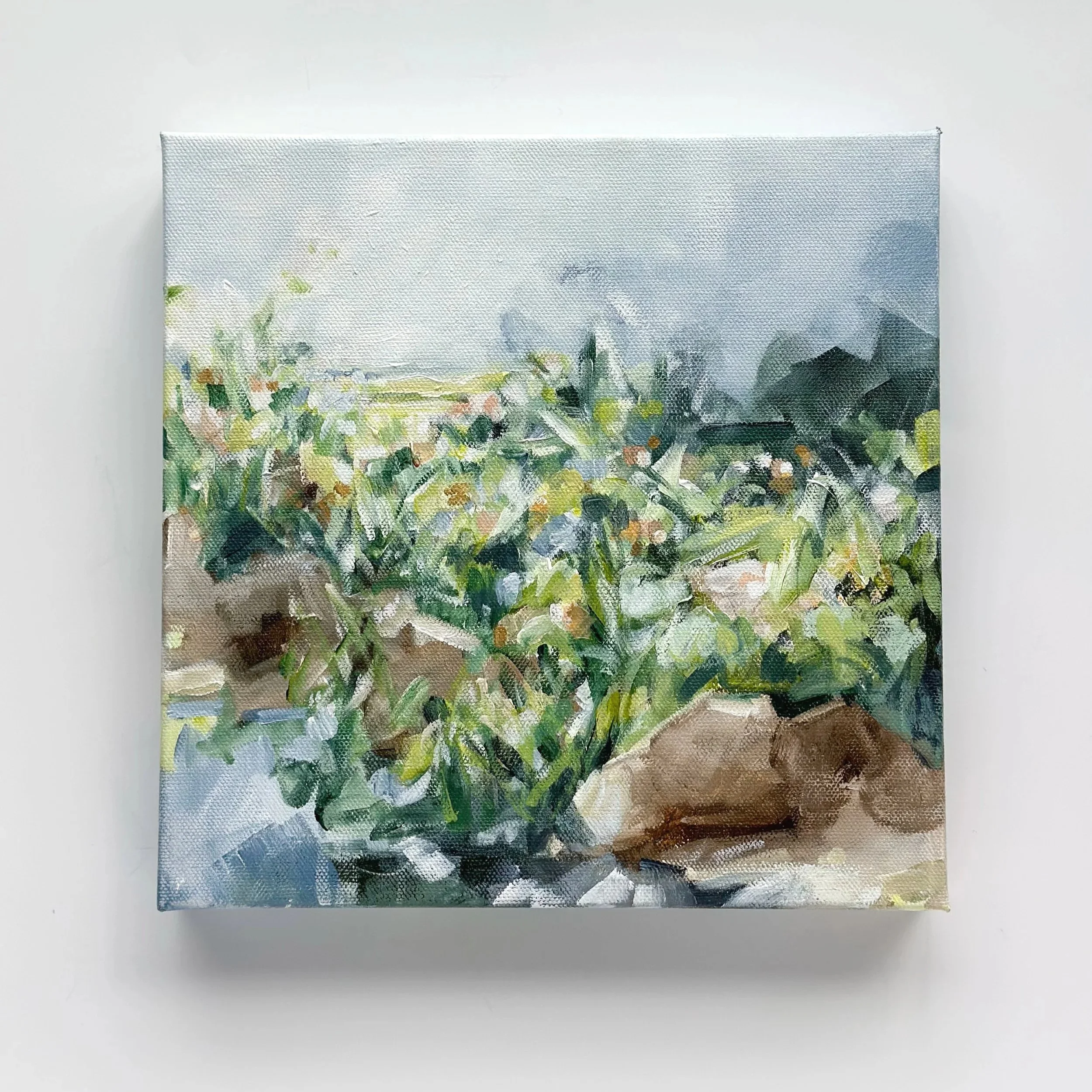 Original square landscape painting in green, blue, and neutral tones, acrylic on canvas, 10x10 inches