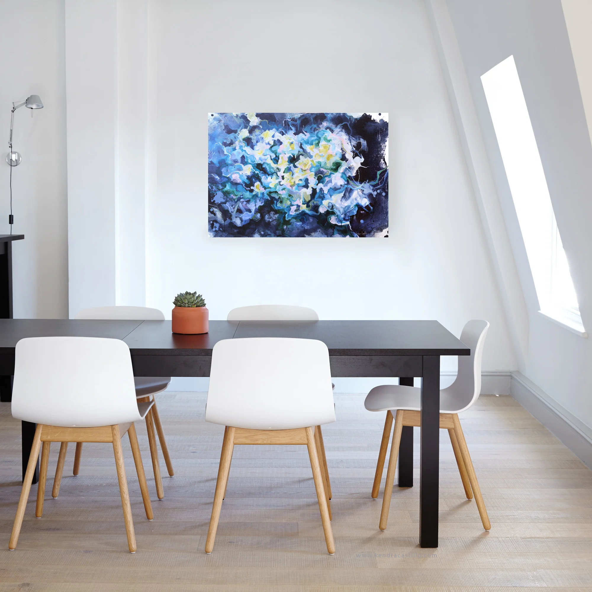 "Between The Leaves" a 24x36 Original Acrylic Painting by Kendra Castillo. #originalpainting #homedecor #interiordesign #blueart #abstract #floralart #diningroom #modernhome #contemporary #design