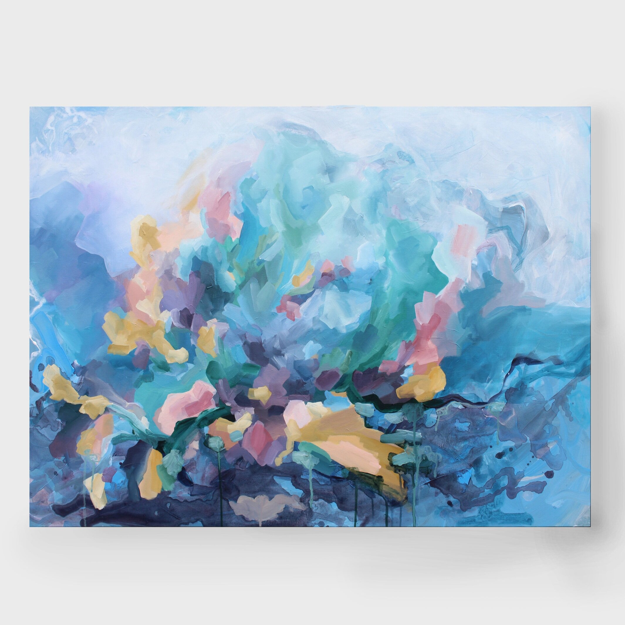 "In Bloom" a 30x40 Original Acrylic Painting by Kendra Castillo. #originalpainting #homedecor #interiordesign #blueart #abstract #floralart #livingroomart #modernhome #contemporary #design